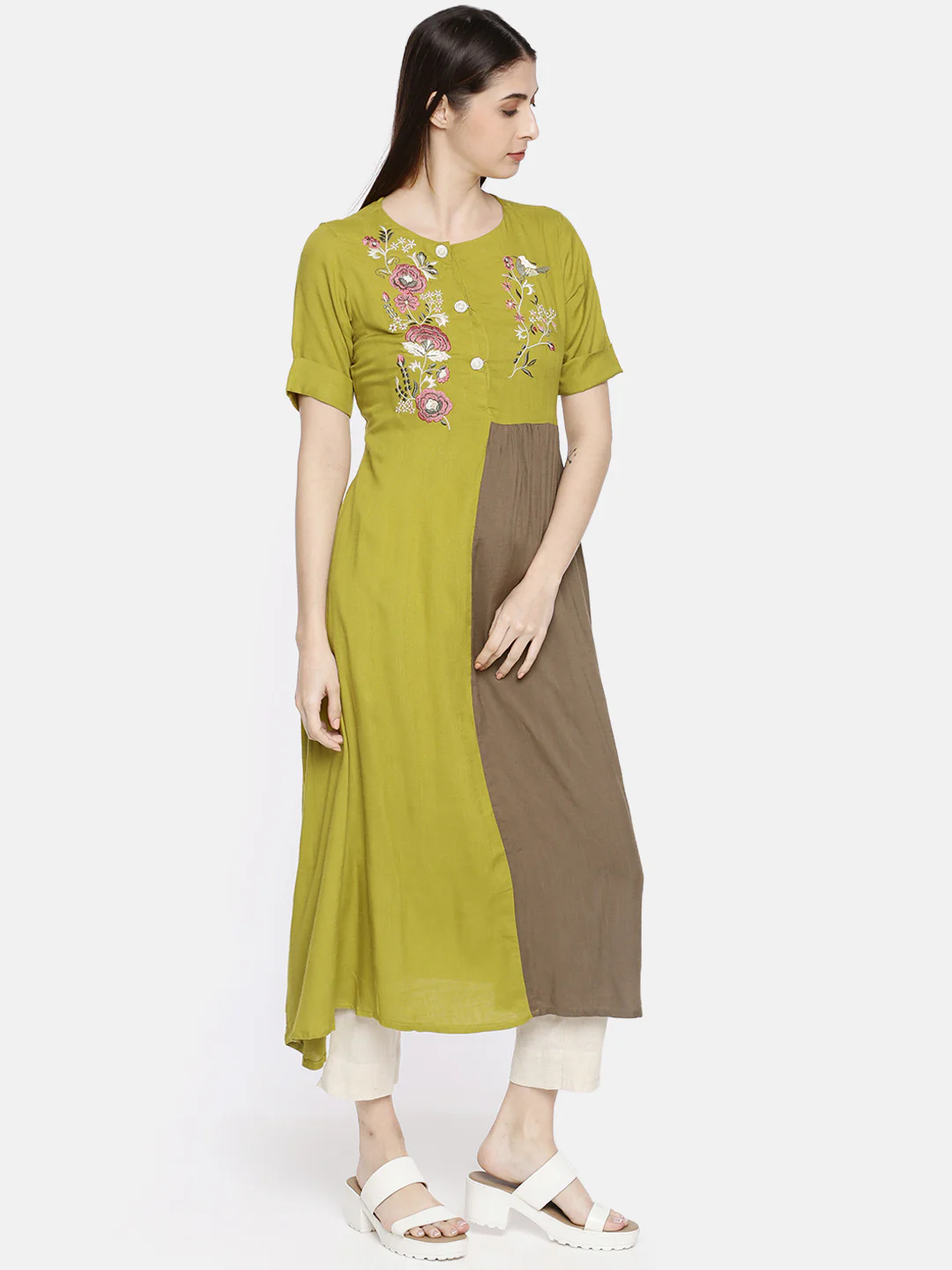 Neerus Women Lime Green Grey Floral Embroidered A-Line Kurta - Image 3