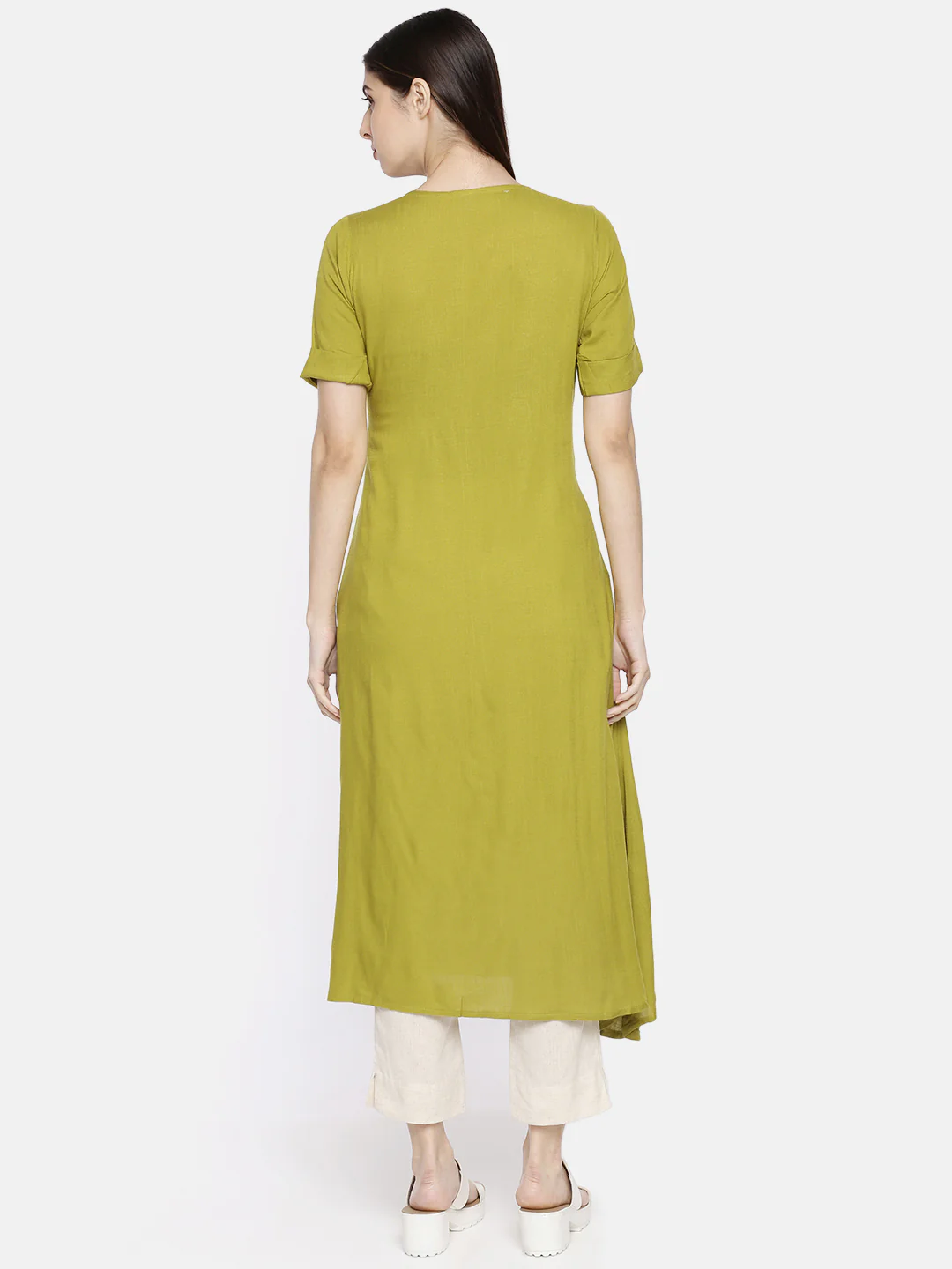 Neerus Women Lime Green Grey Floral Embroidered A-Line Kurta - Image 4