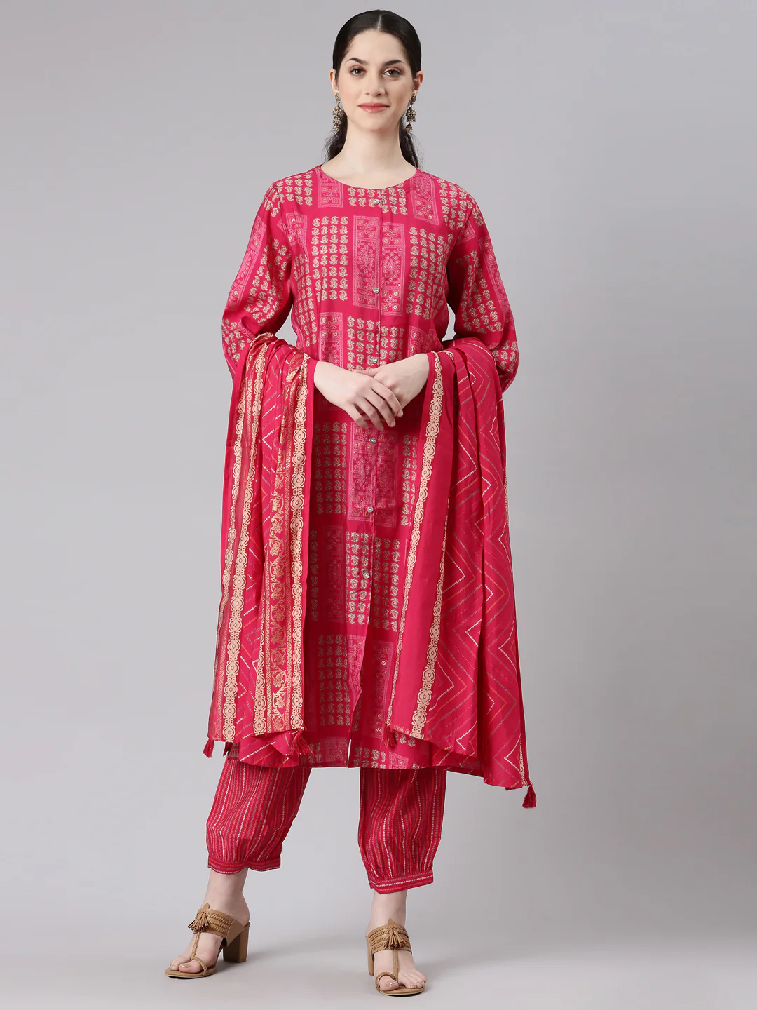 Neerus Women Magenta Straight Kurta and Trousers With Dupatta