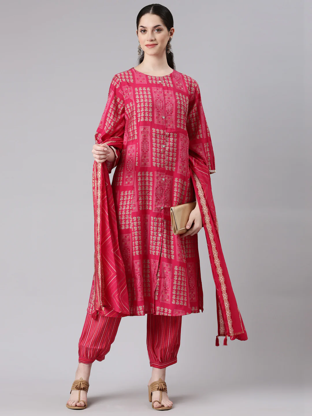Neerus Women Magenta Straight Kurta and Trousers With Dupatta - Image 5
