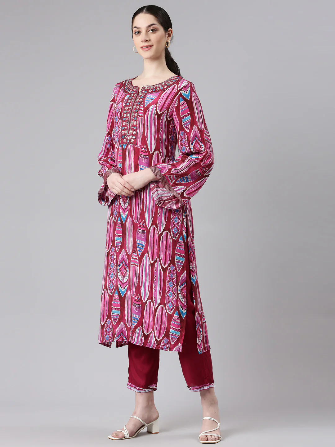 Neerus Women Magenta Straight Kurta and Trousers With Dupatta - Image 2