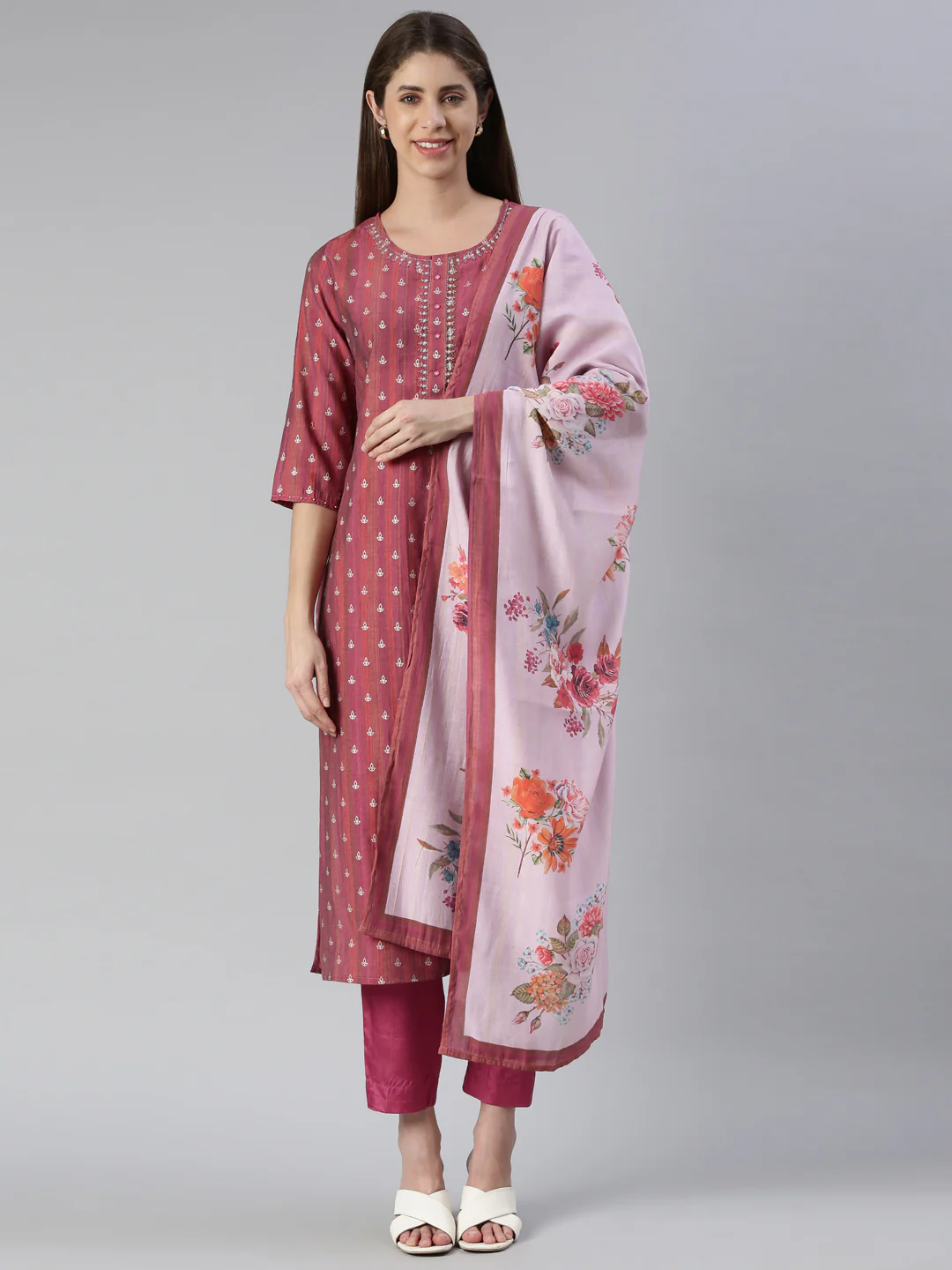 Neerus Women Magenta Yoke Design Knee Length Kurta And Trousers With Dupatta