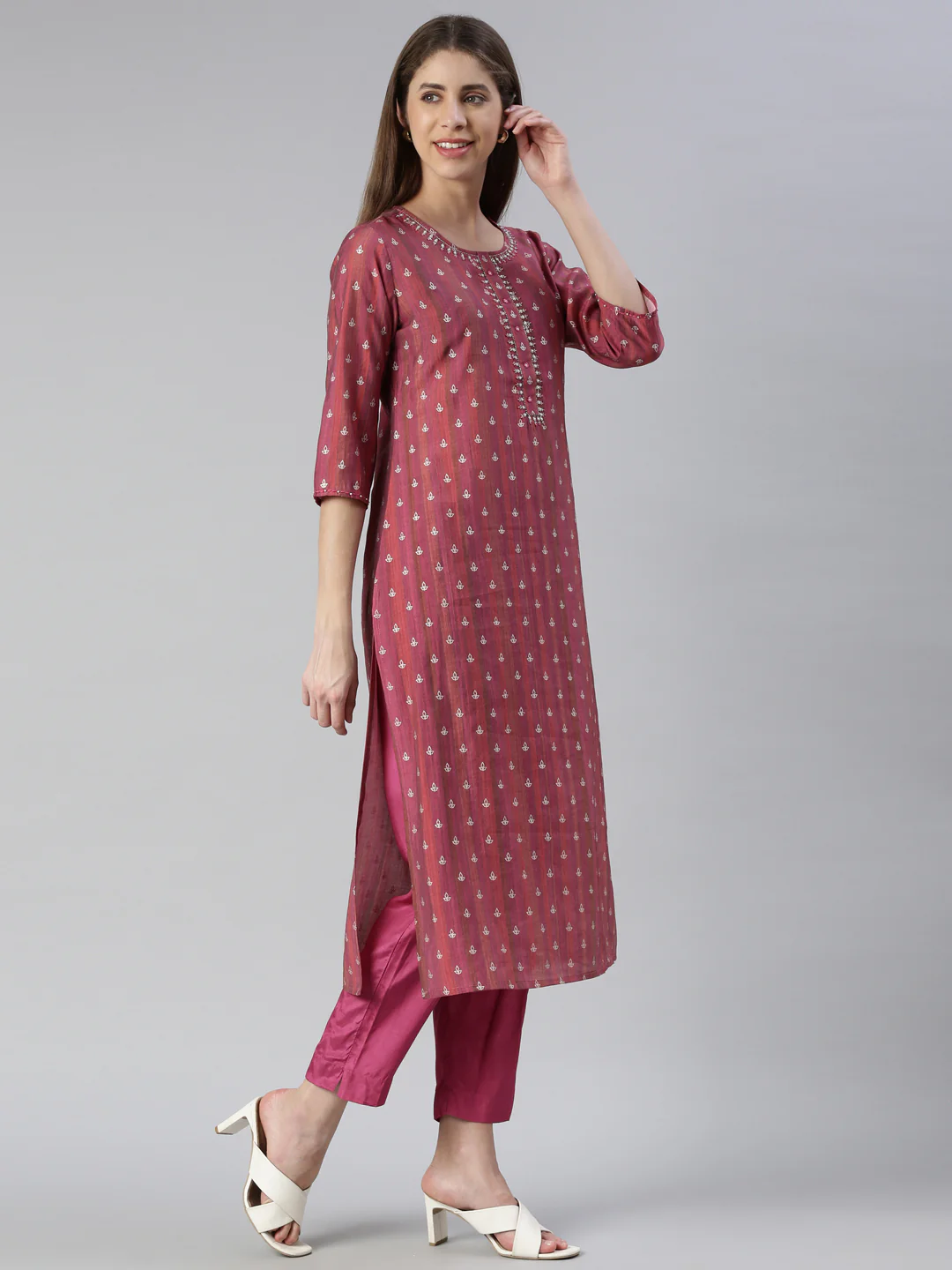 Neerus Women Magenta Yoke Design Knee Length Kurta And Trousers With Dupatta - Image 2