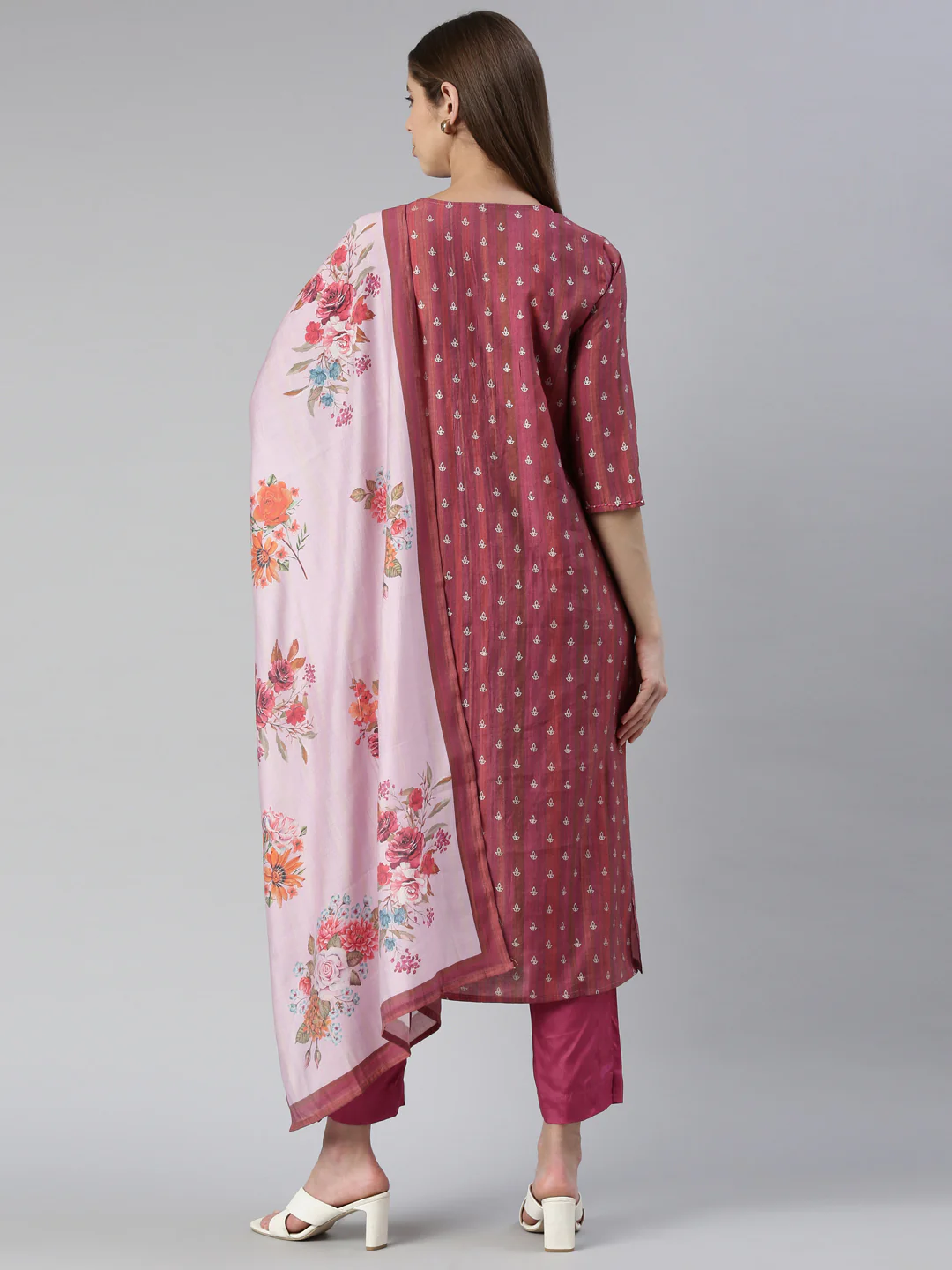 Neerus Women Magenta Yoke Design Knee Length Kurta And Trousers With Dupatta - Image 3