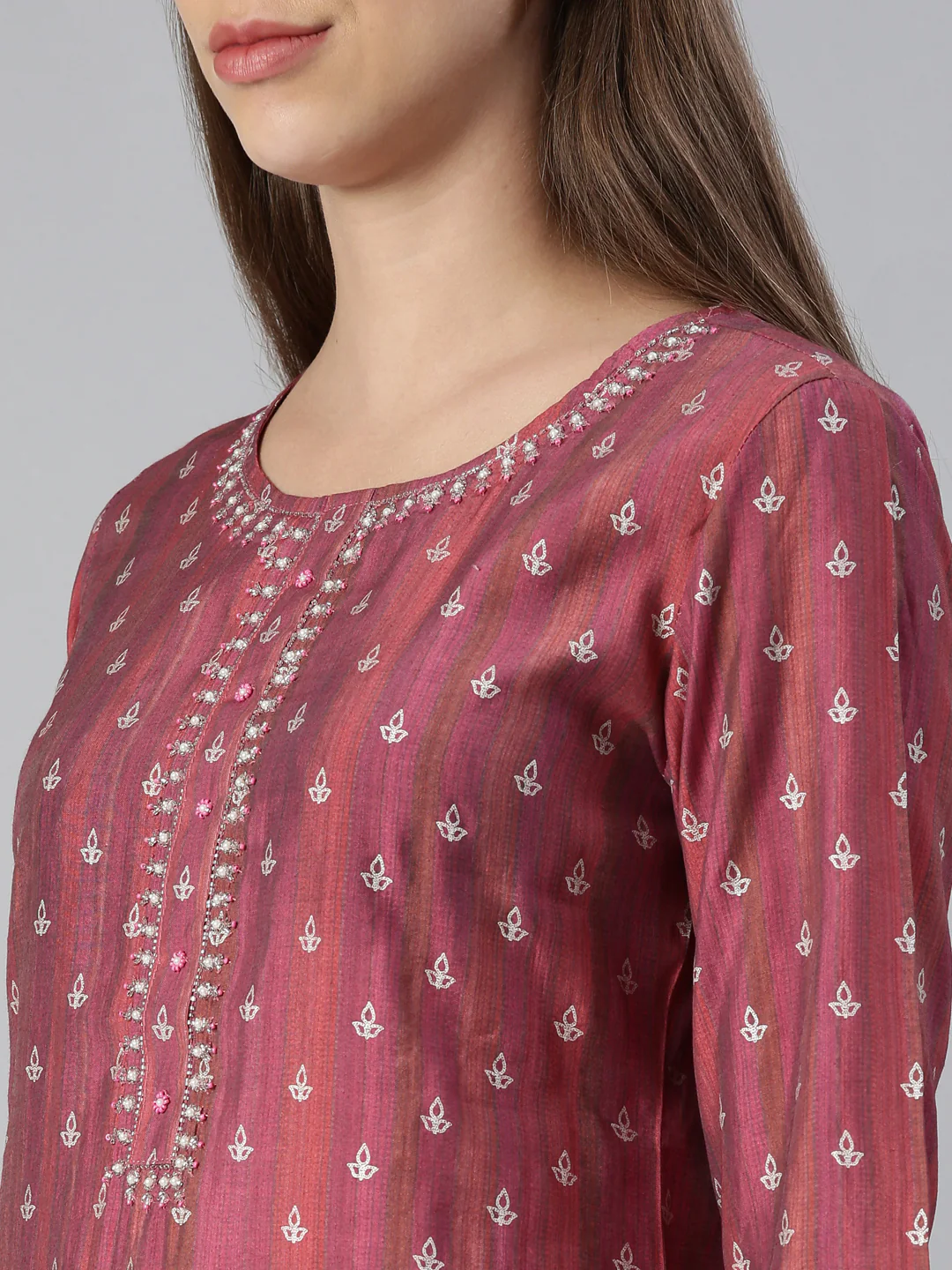 Neerus Women Magenta Yoke Design Knee Length Kurta And Trousers With Dupatta - Image 4