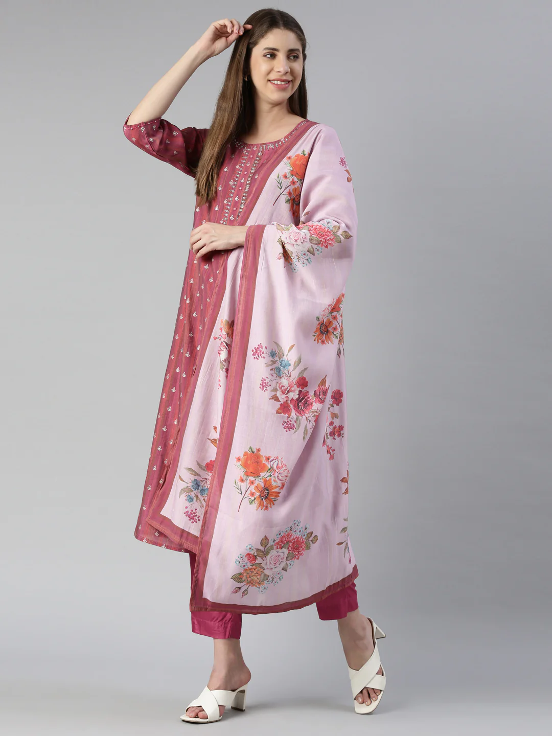 Neerus Women Magenta Yoke Design Knee Length Kurta And Trousers With Dupatta - Image 5