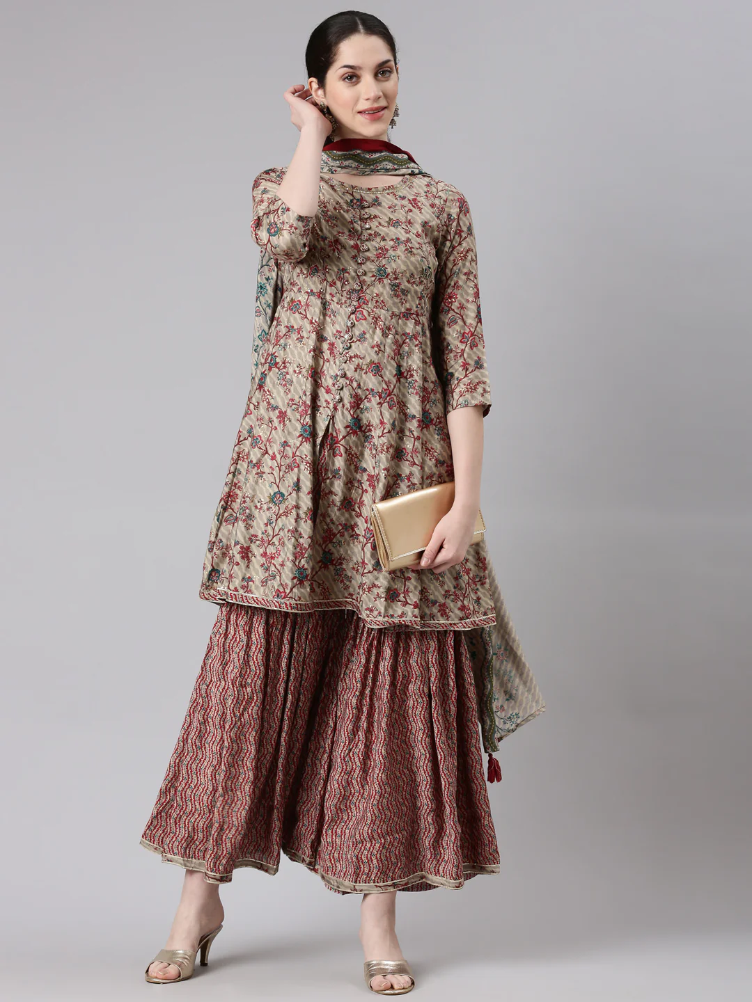 Neerus Women Maroon Anarkali Kurti and Sharara With Dupatta - Image 5