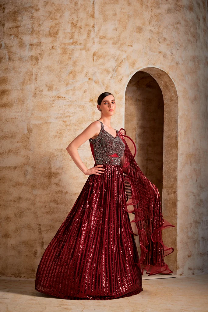 Neerus Women Maroon Color Nett Fabric Gown - Image 2