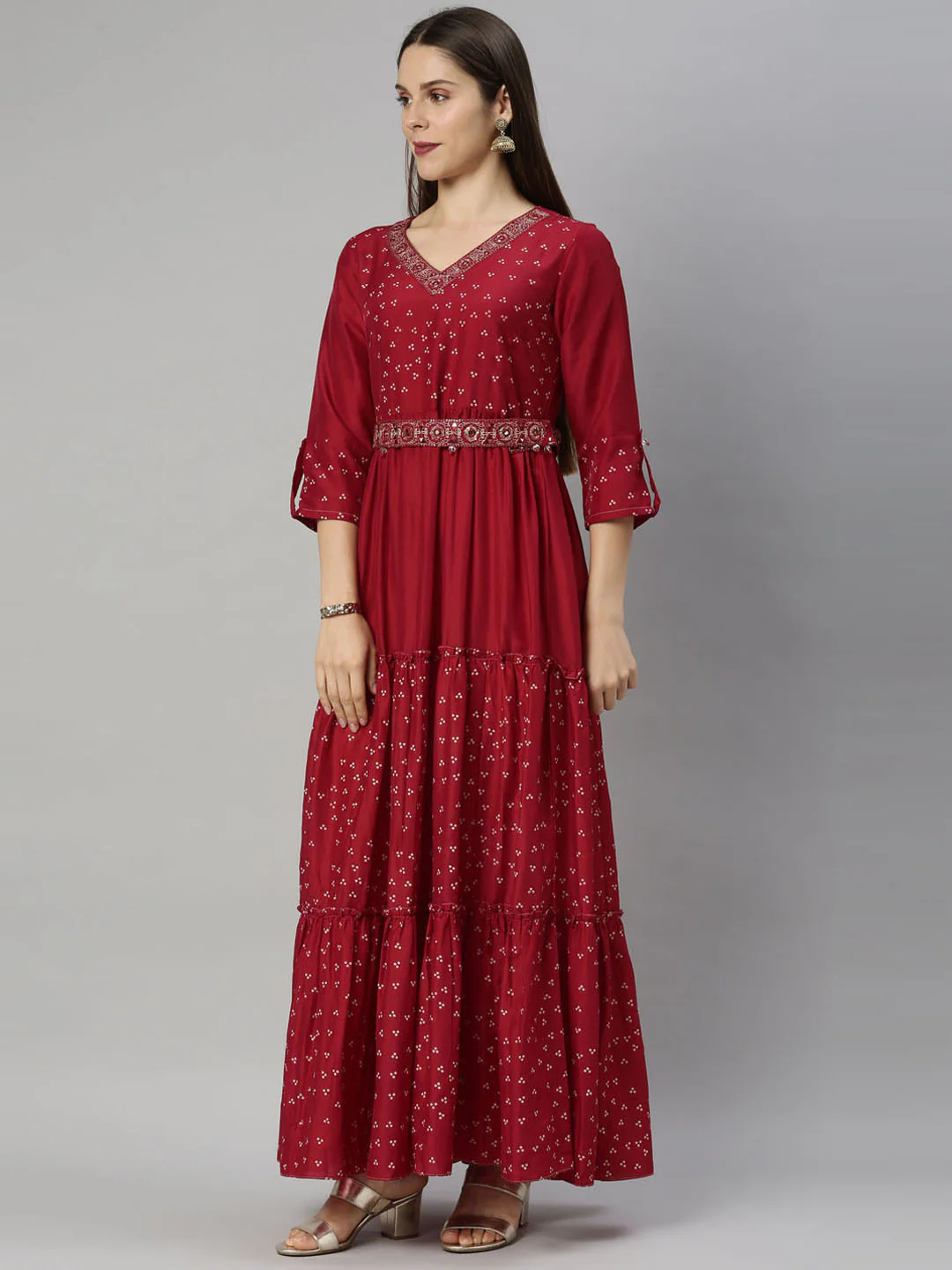 Neerus Women Maroon Dyed Chikankari Anarkali Kurta - Image 6