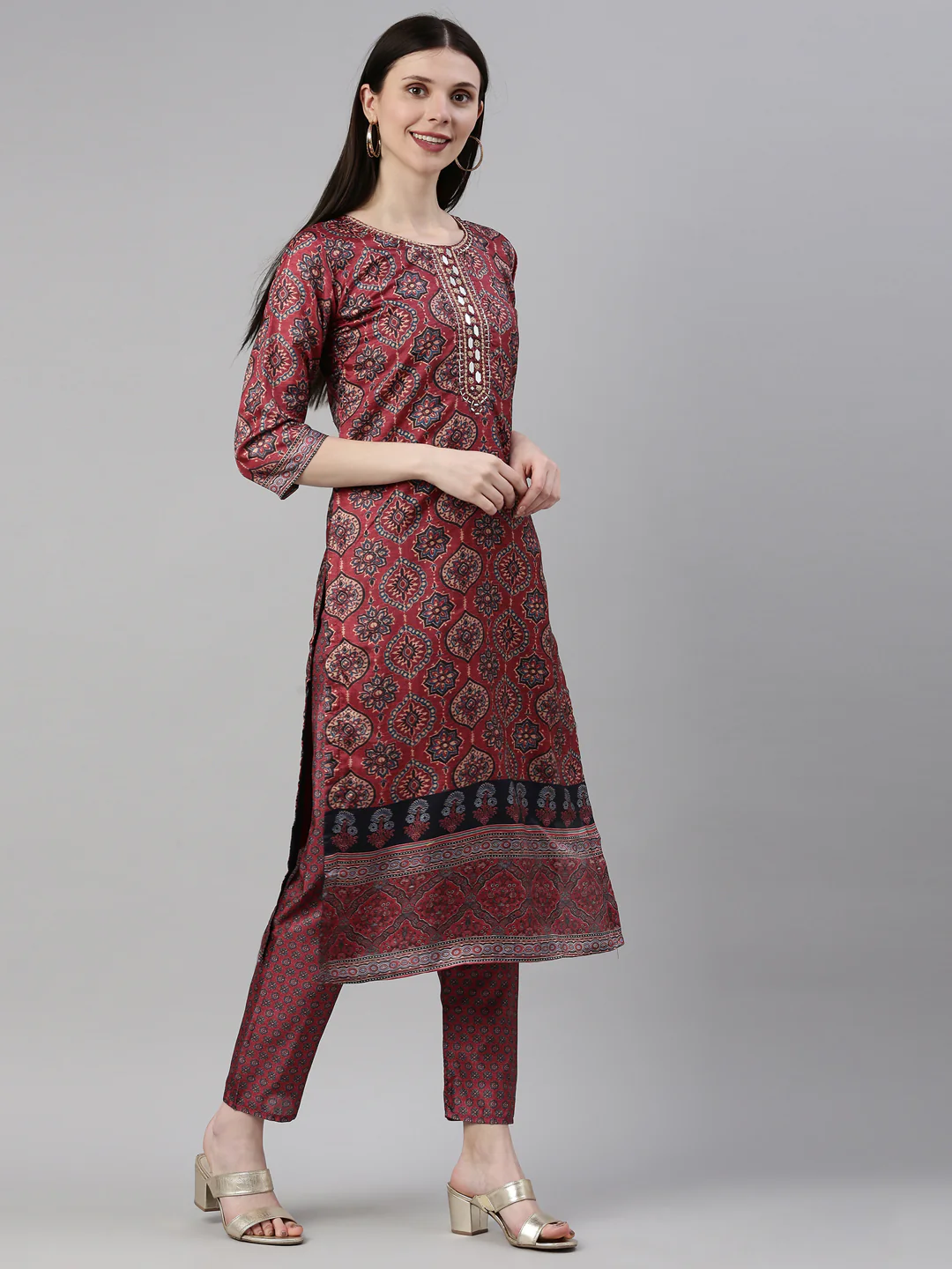 Neerus Women Maroon Floral Printed Mirror Work Dupion Silk Kurta with Trousers - Image 3