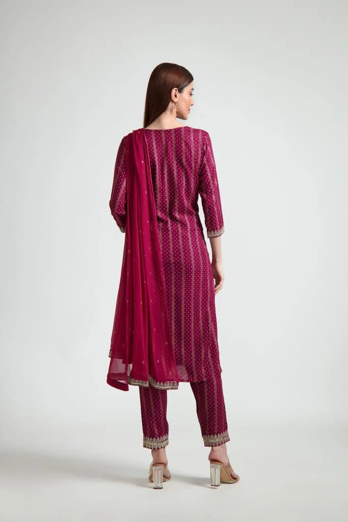 Neerus Women Maroon Printed Silk Georgette Kurta with Trouser and Dupatta - Image 3