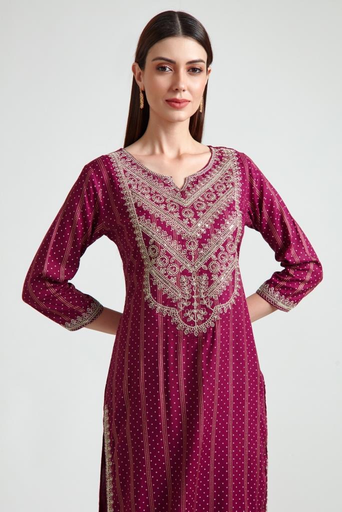 Neerus Women Maroon Printed Silk Georgette Kurta with Trouser and Dupatta - Image 4