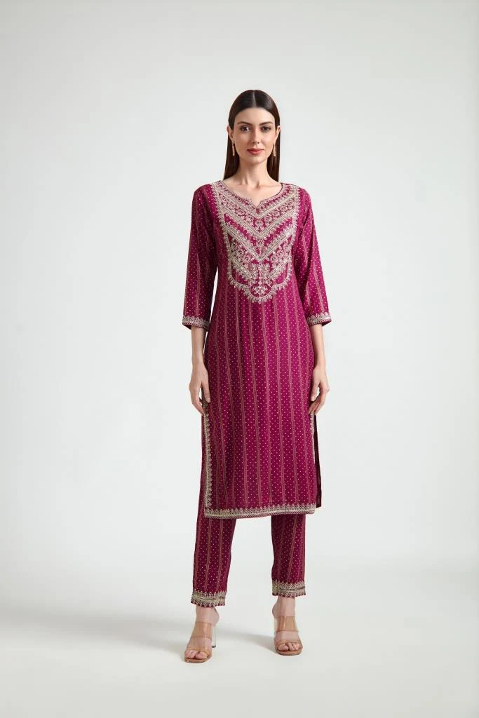 Neerus Women Maroon Printed Silk Georgette Kurta with Trouser and Dupatta - Image 5