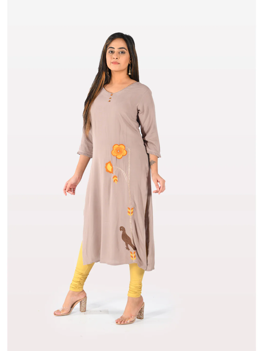 Neerus Women Mouse Color Slub Rayon Fabric Tunic