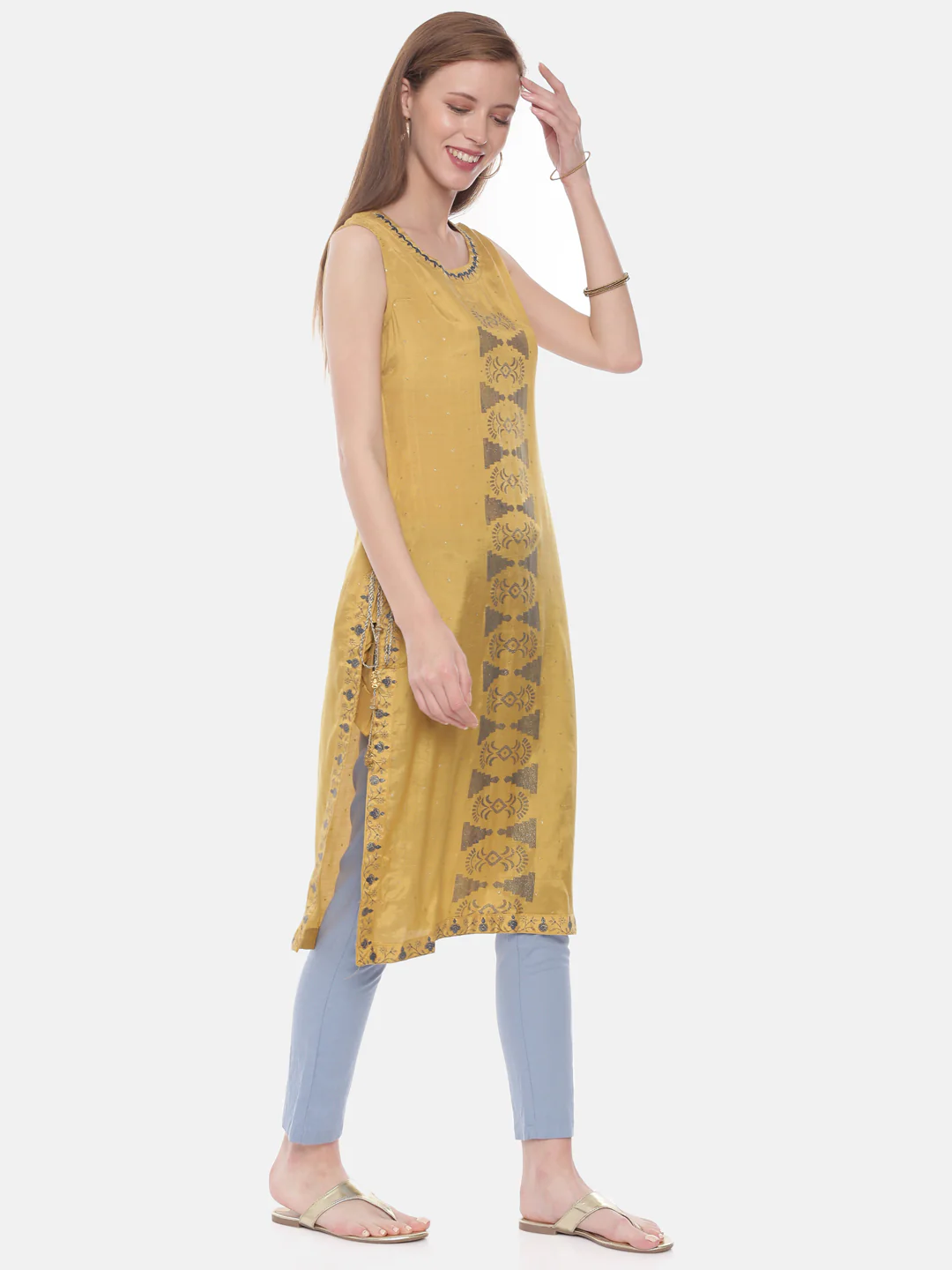 Neerus Women Mustard Embroidered Straight Kurta - Image 3