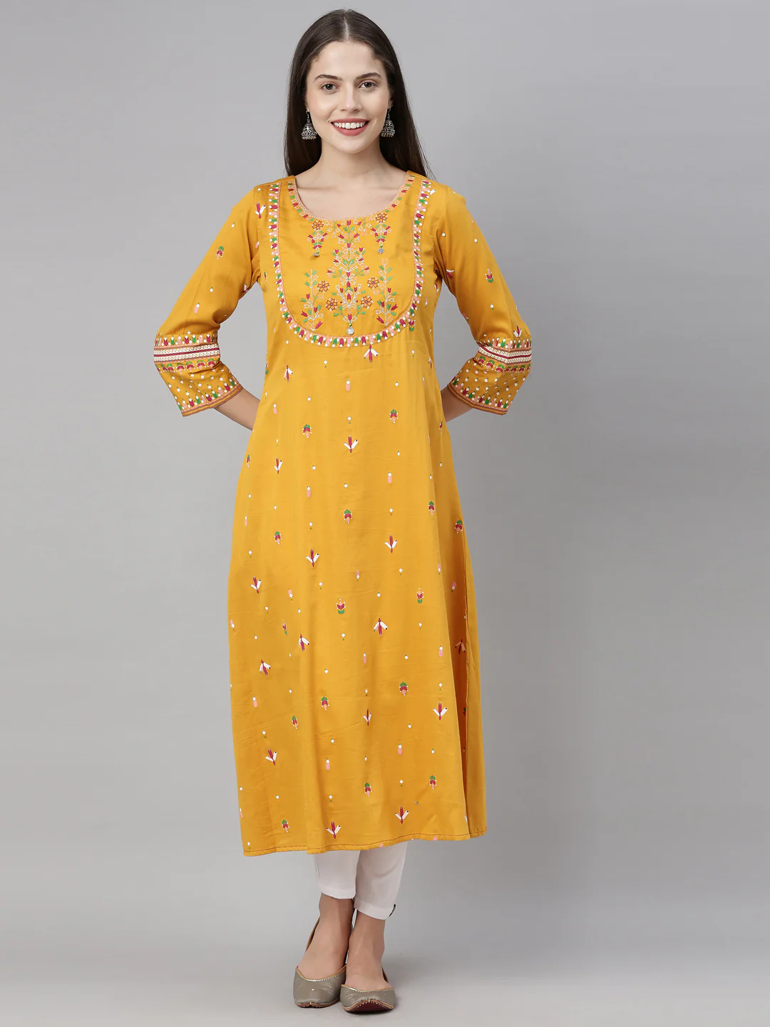 Neerus Women Mustard Floral Embroidered Kurta