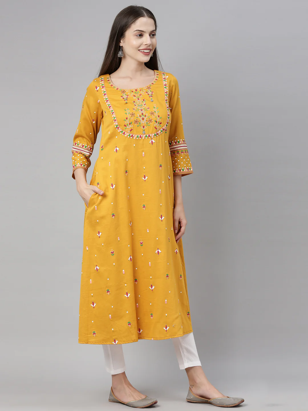 Neerus Women Mustard Floral Embroidered Kurta - Image 2