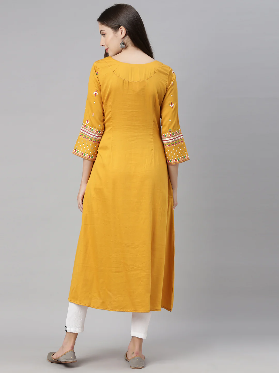 Neerus Women Mustard Floral Embroidered Kurta - Image 3