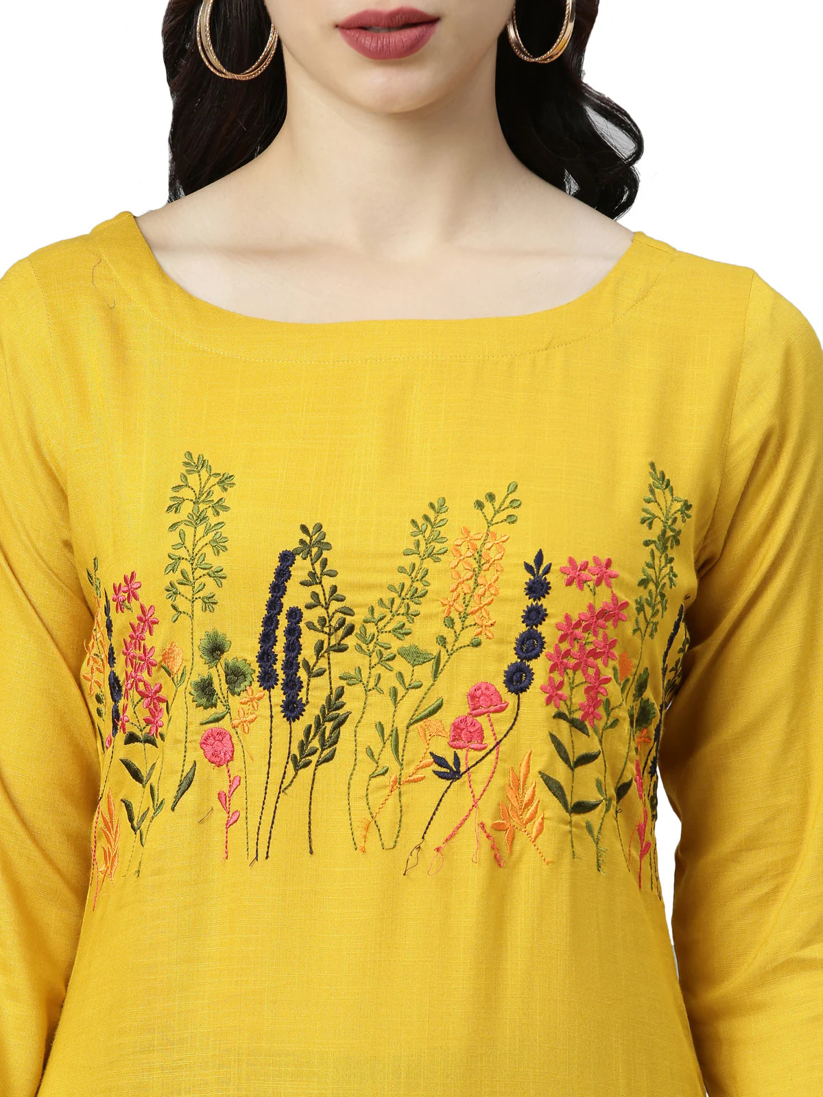 Neerus Women Mustard Floral Embroidered Thread Work Kurta - Image 2