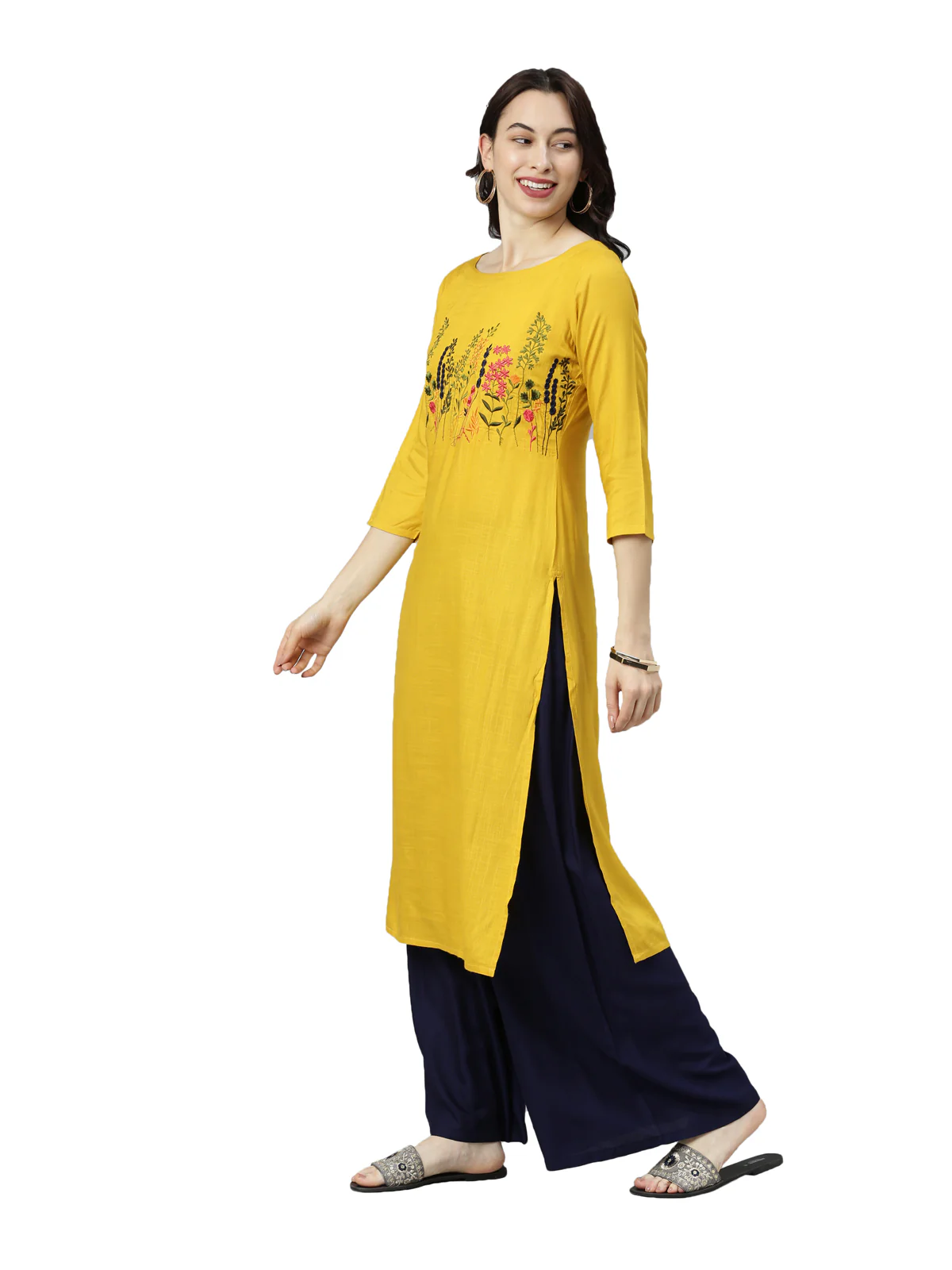 Neerus Women Mustard Floral Embroidered Thread Work Kurta - Image 3