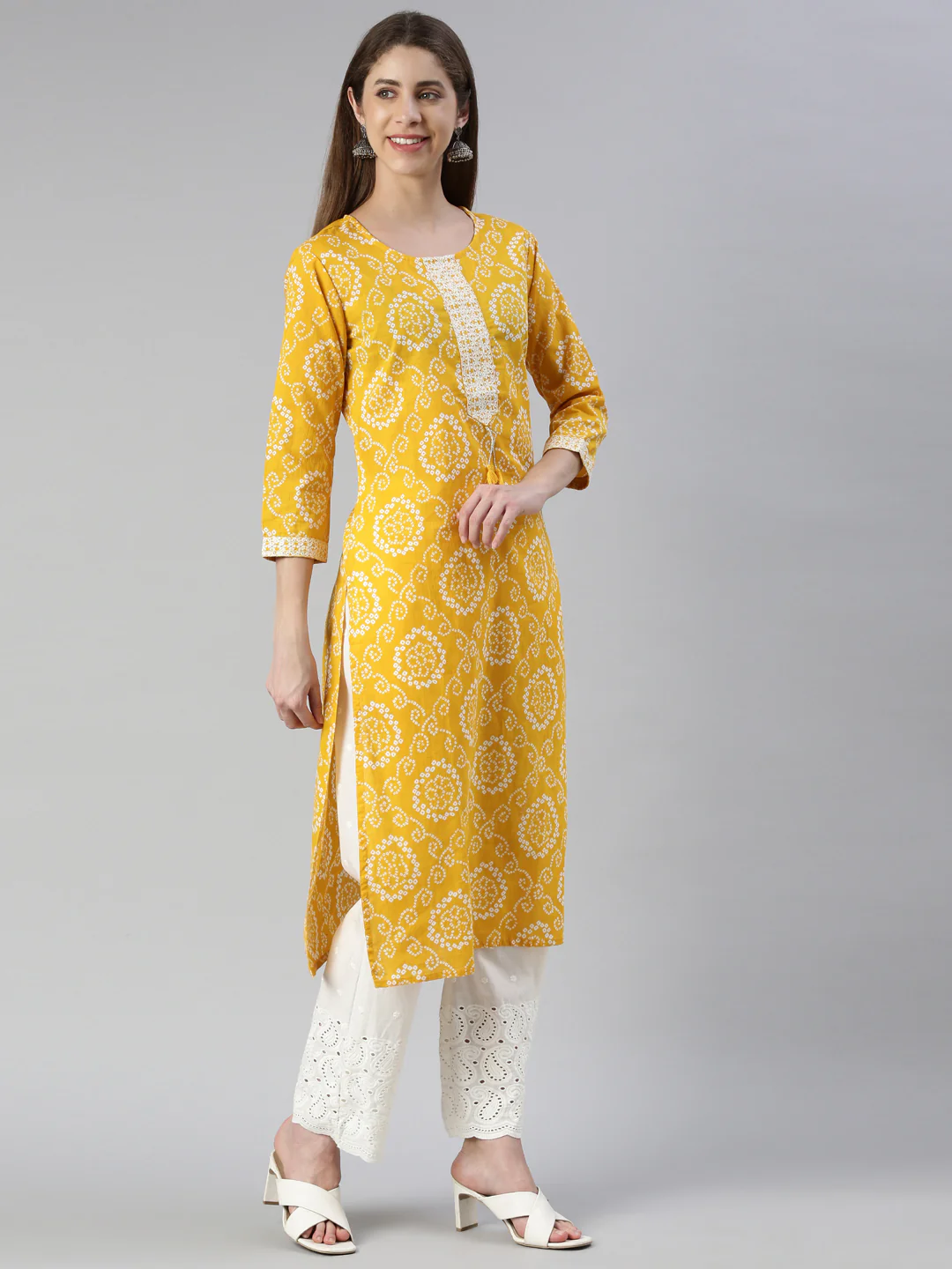 Neerus Women Mustard Printed Calf Length Kurta And Palazzos With Dupatta - Image 2