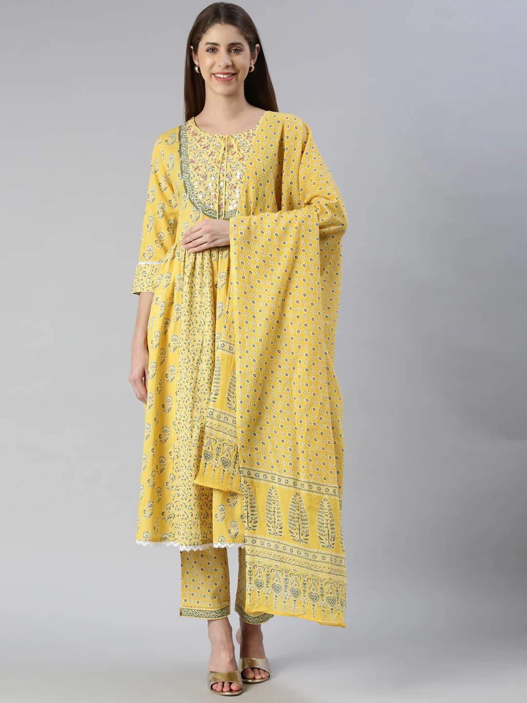 Neerus Women Mustard Printed Calf Length Kurta And Trousers With Dupatta