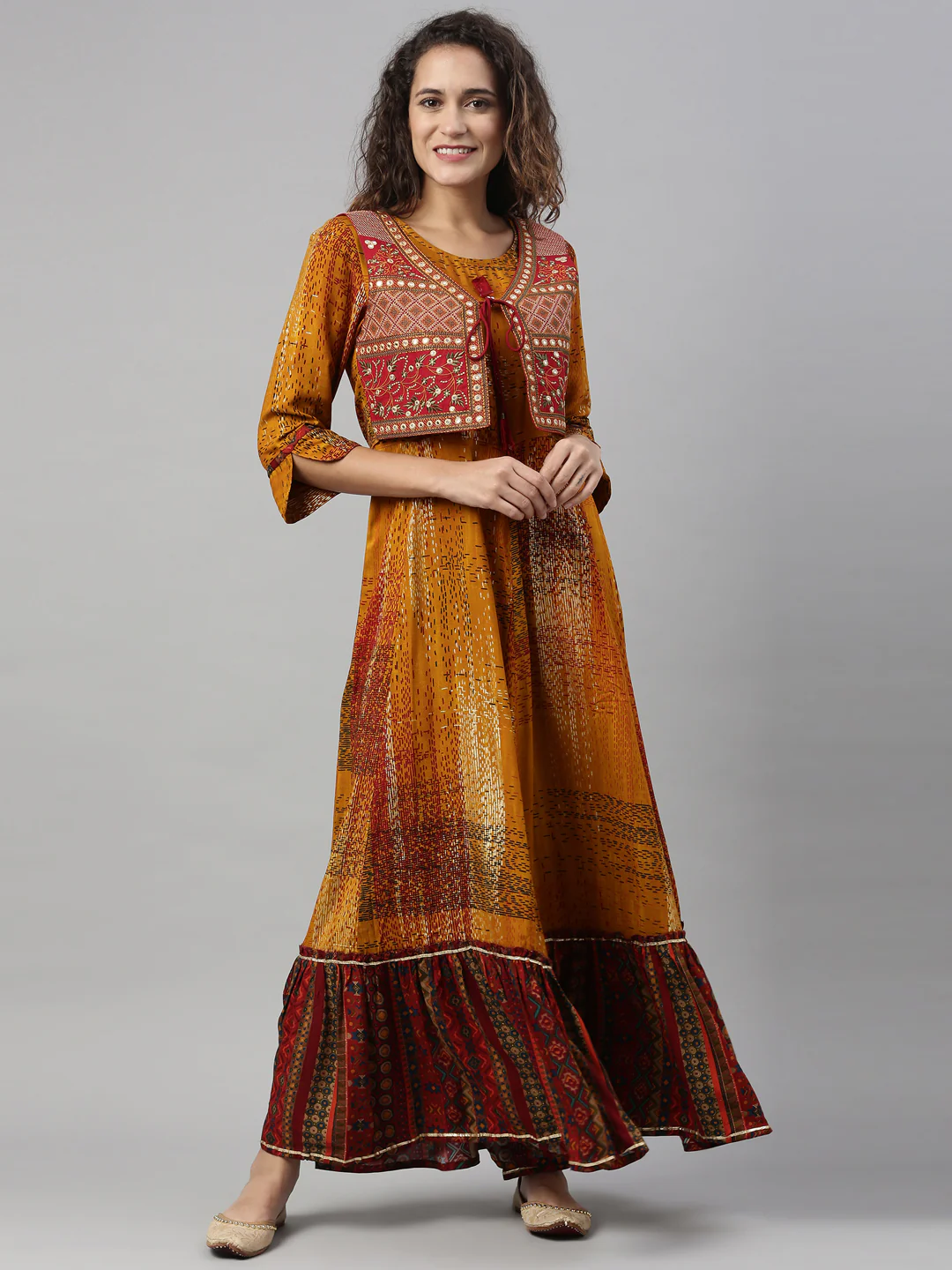 Neerus Women Mustard Printed Anarkali Kurta