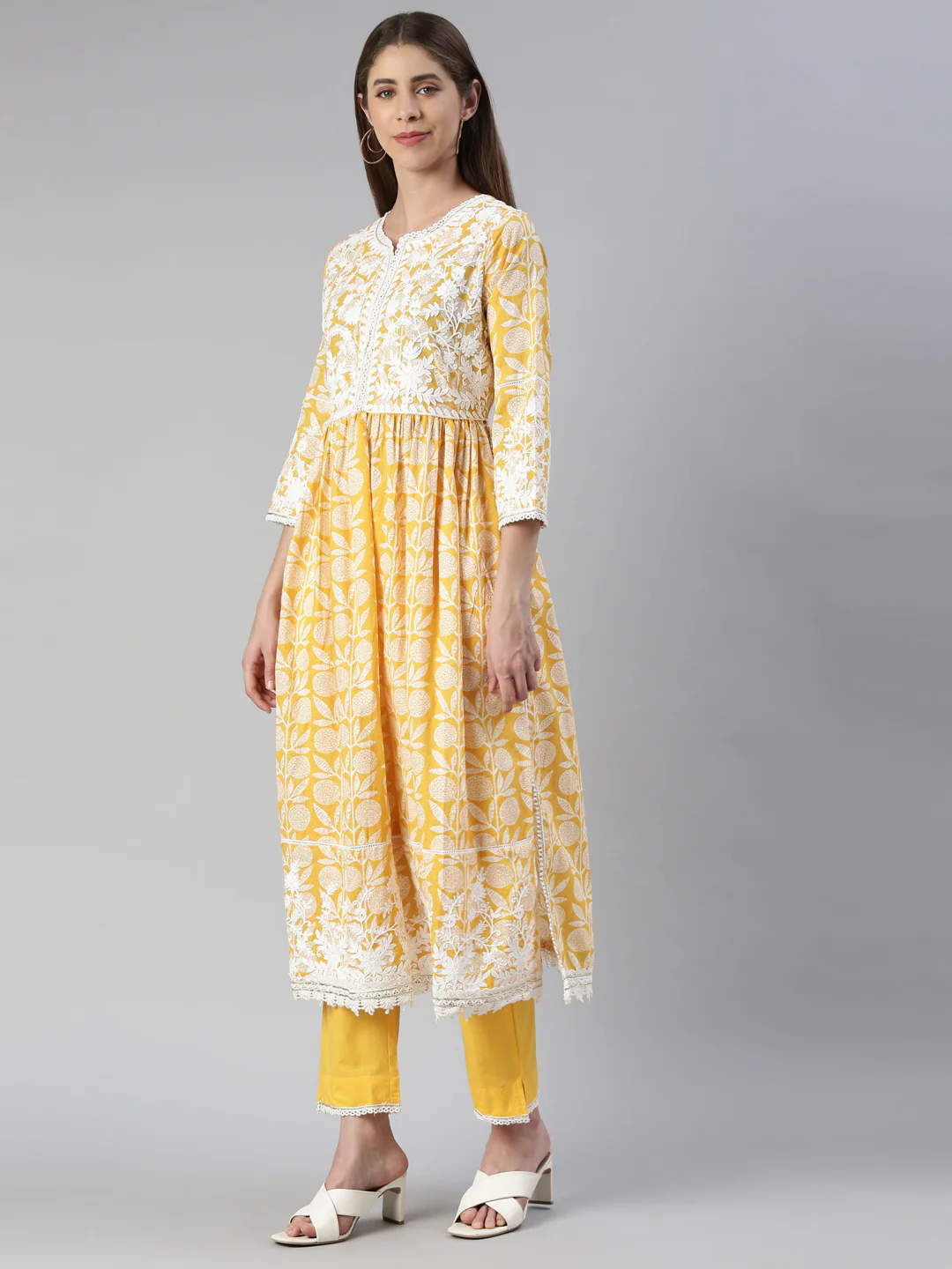 Neerus Women Mustard Solid Calf Length Kurta And Trousers With Dupatta - Image 2