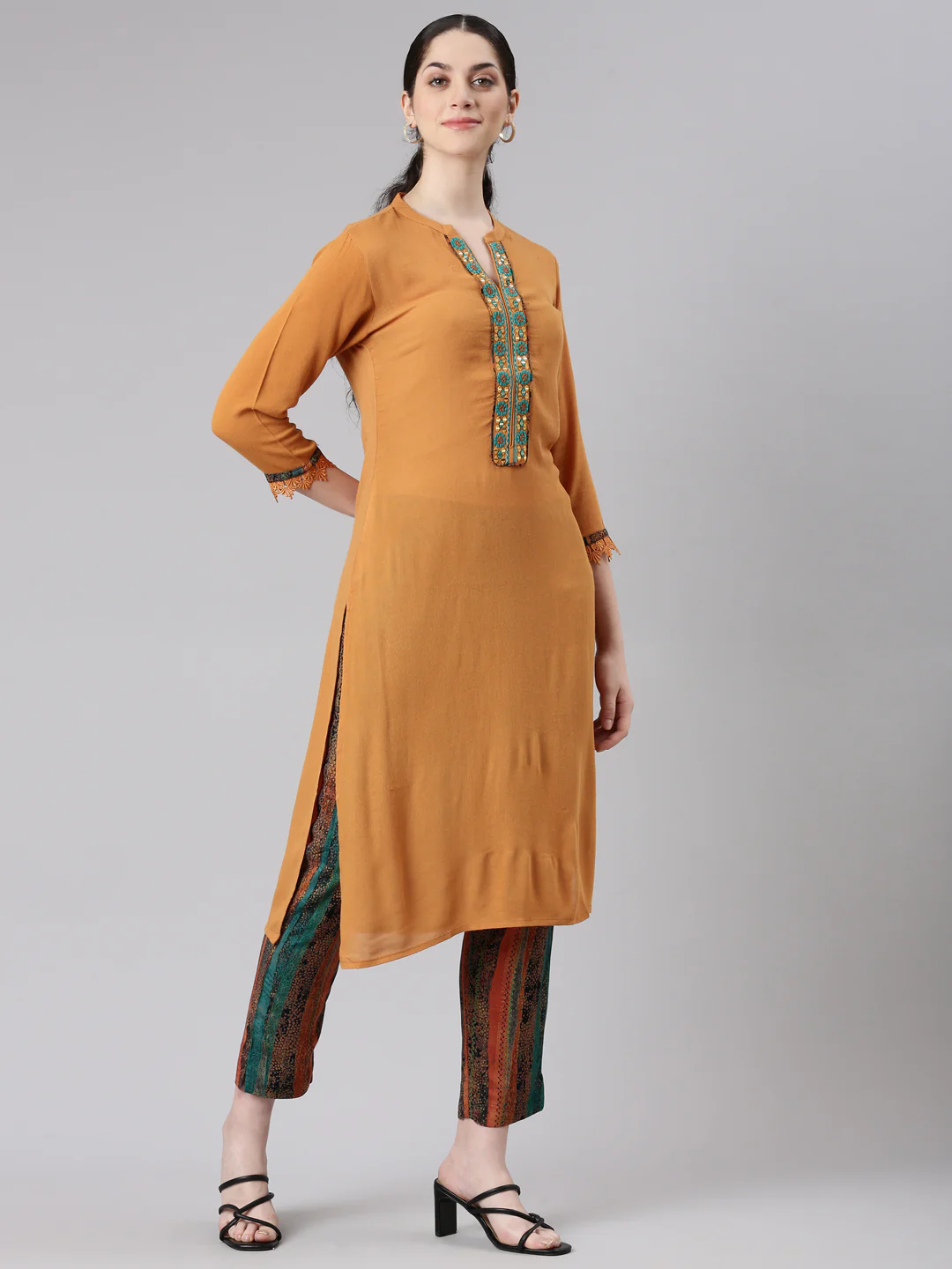 Neerus Women Mustard Straight Kurta and Trousers - Image 2