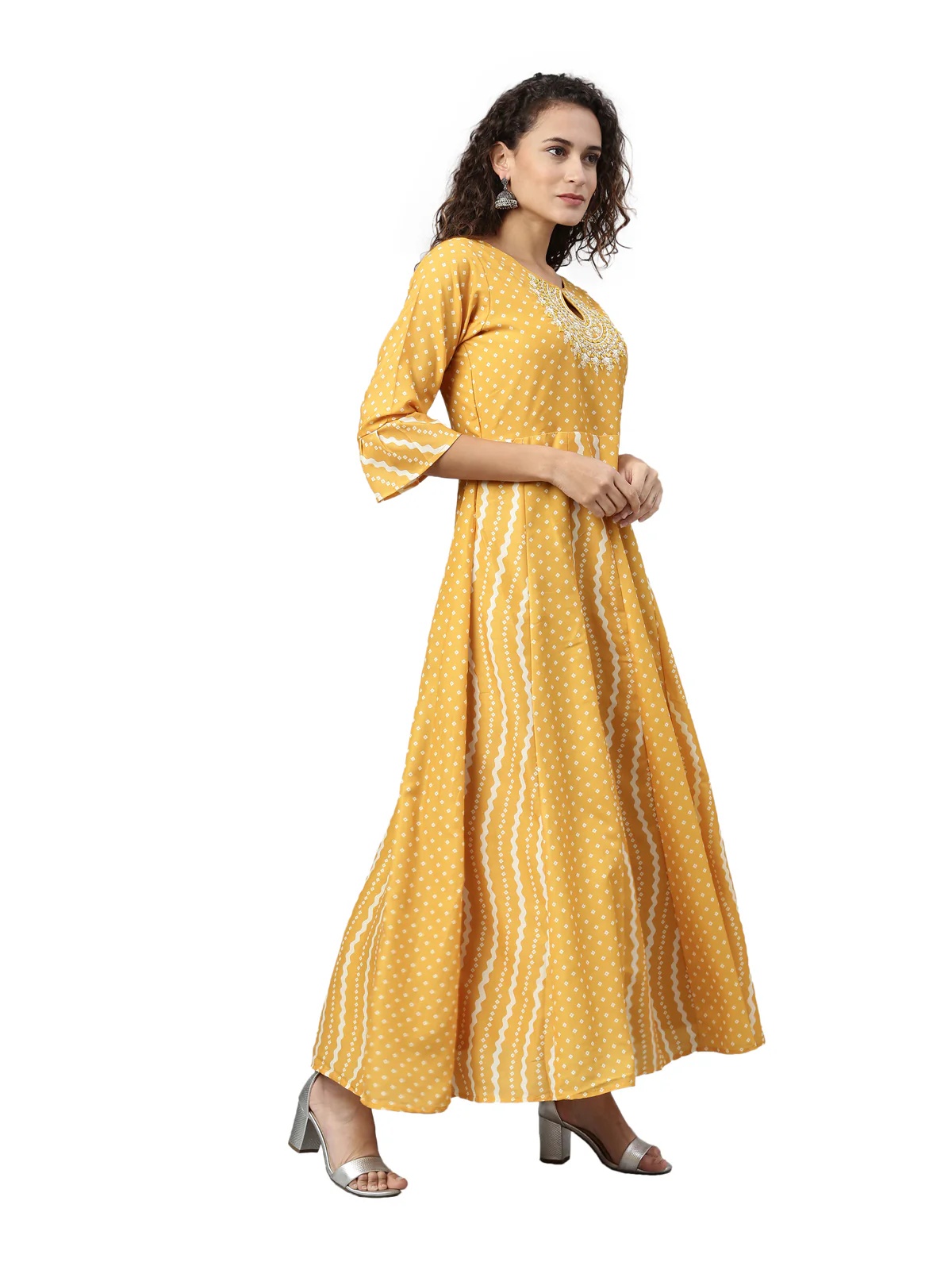 Neerus Women Mustard Striped Anarkali Kurta - Image 3