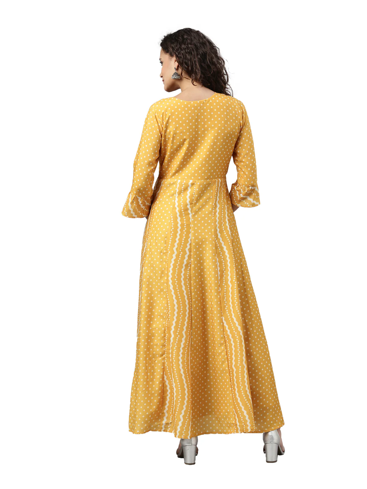 Neerus Women Mustard Striped Anarkali Kurta - Image 4