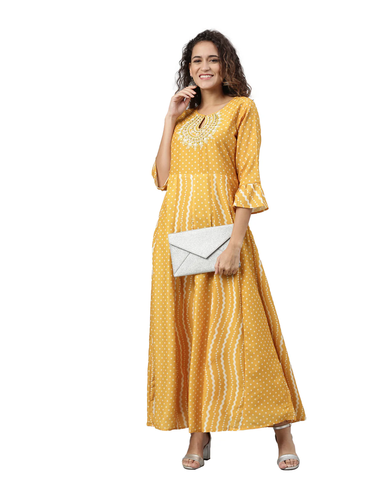 Neerus Women Mustard Striped Anarkali Kurta - Image 6