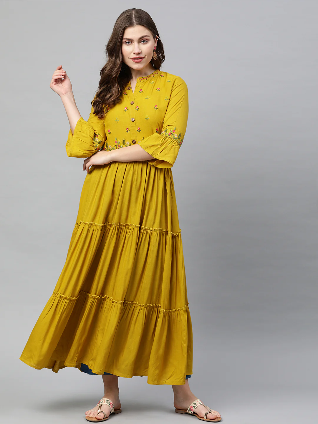 Neerus Women Mustard Yellow Embroidered A-Line Tiered Kurta