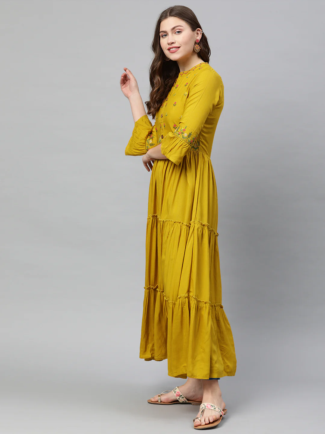 Neerus Women Mustard Yellow Embroidered A-Line Tiered Kurta - Image 3