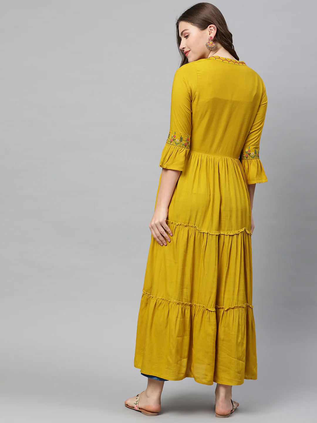 Neerus Women Mustard Yellow Embroidered A-Line Tiered Kurta - Image 4