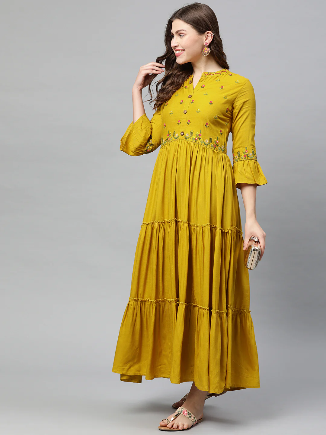 Neerus Women Mustard Yellow Embroidered A-Line Tiered Kurta - Image 5