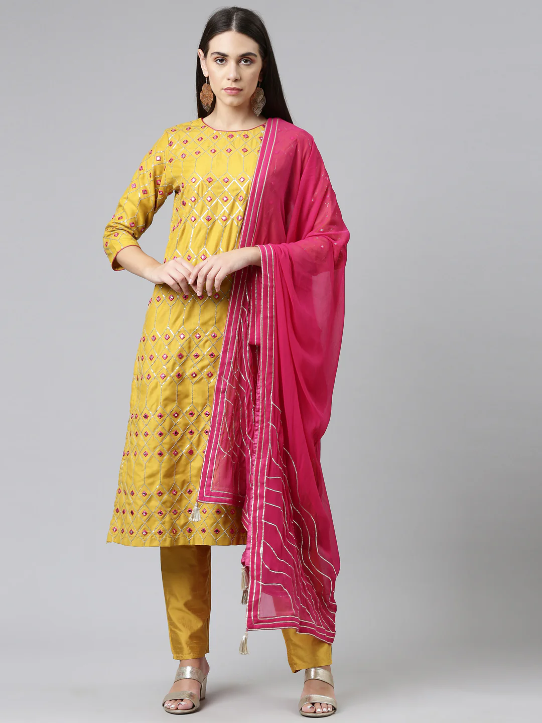 Neerus Women Mustard Yellow Ethnic Motifs Printed Cotton Kurta With Trousers Dupatta