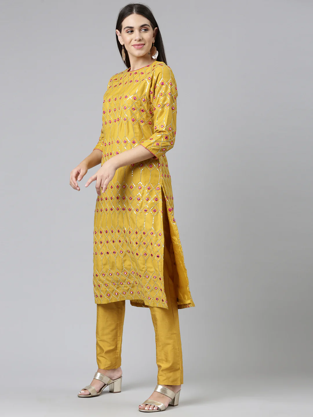 Neerus Women Mustard Yellow Ethnic Motifs Printed Cotton Kurta With Trousers Dupatta - Image 2