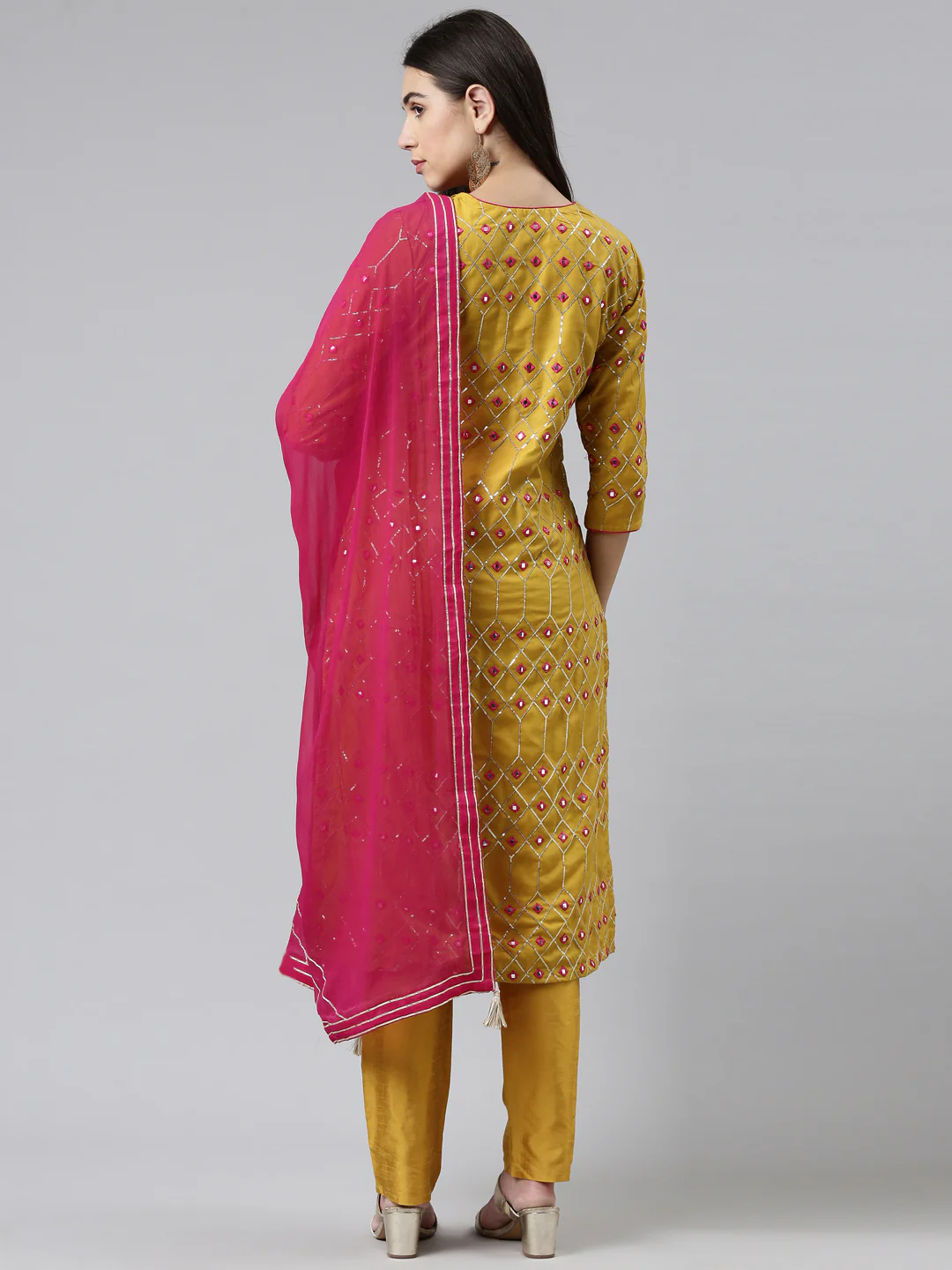 Neerus Women Mustard Yellow Ethnic Motifs Printed Cotton Kurta With Trousers Dupatta - Image 3