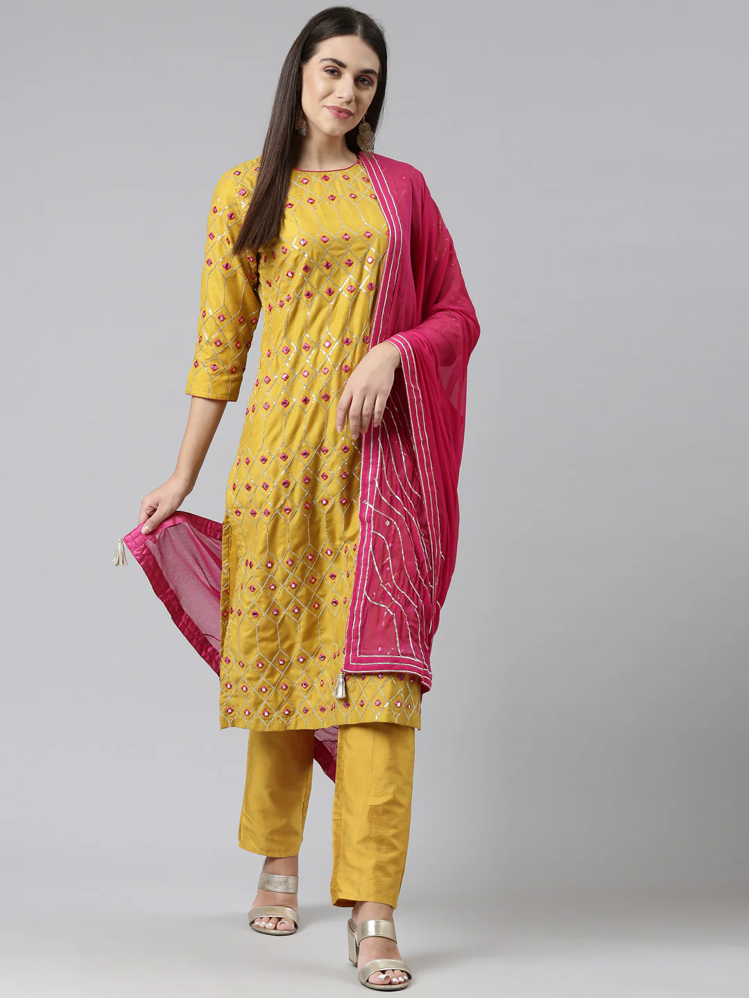 Neerus Women Mustard Yellow Ethnic Motifs Printed Cotton Kurta With Trousers Dupatta - Image 5