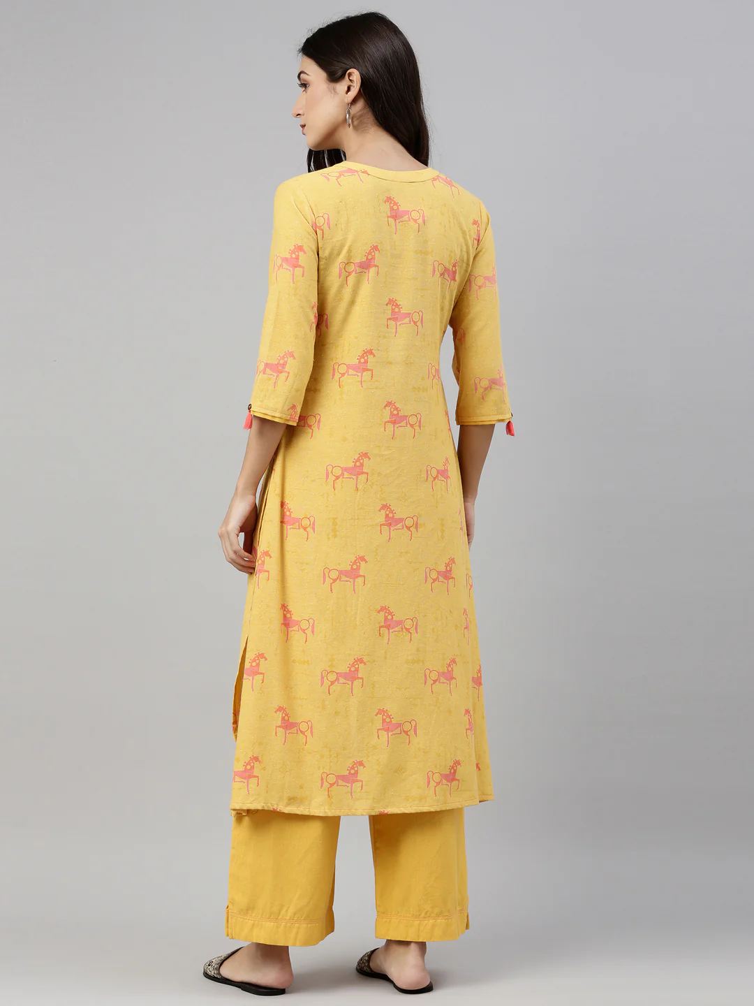 Neerus Women Mustard Yellow Ethnic Motifs Printed Pure Cotton Kurta with Palazzos - Image 3