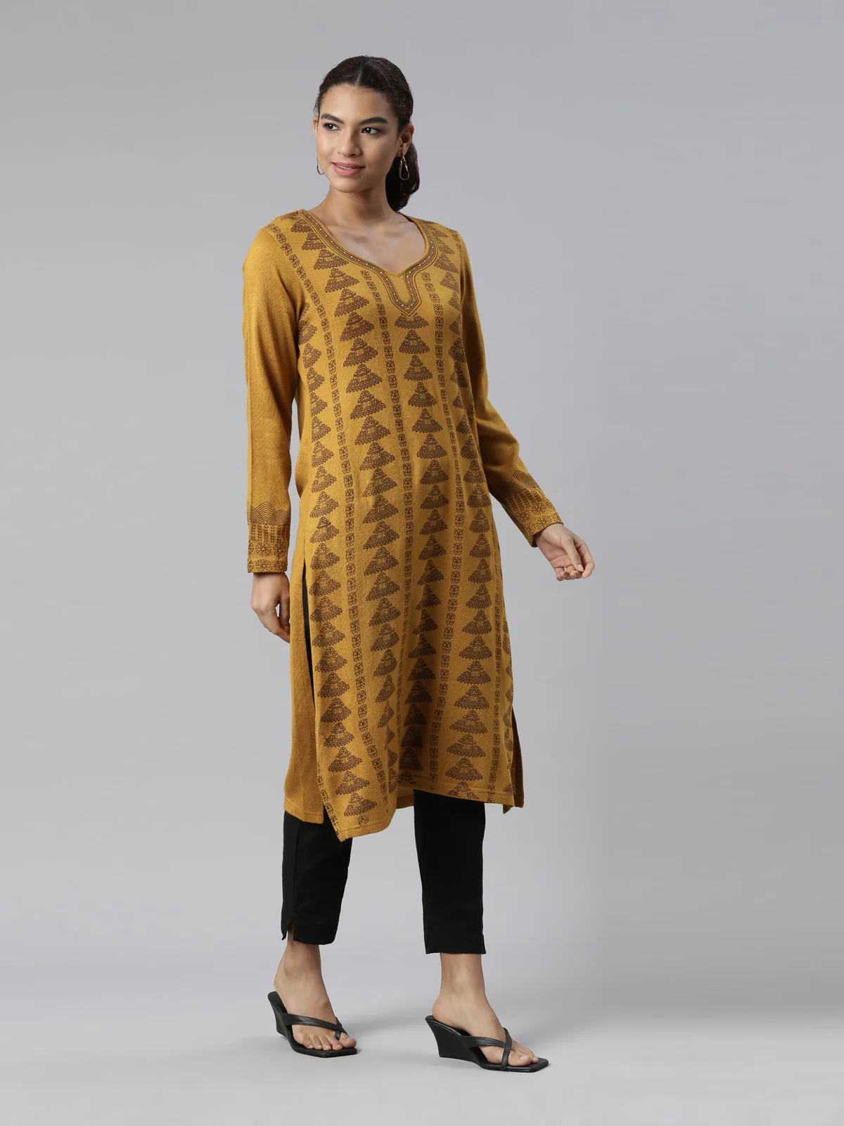 Neerus Women Mustard Yellow Ethnic Motifs Printed Winter Wear Kurta - Image 3