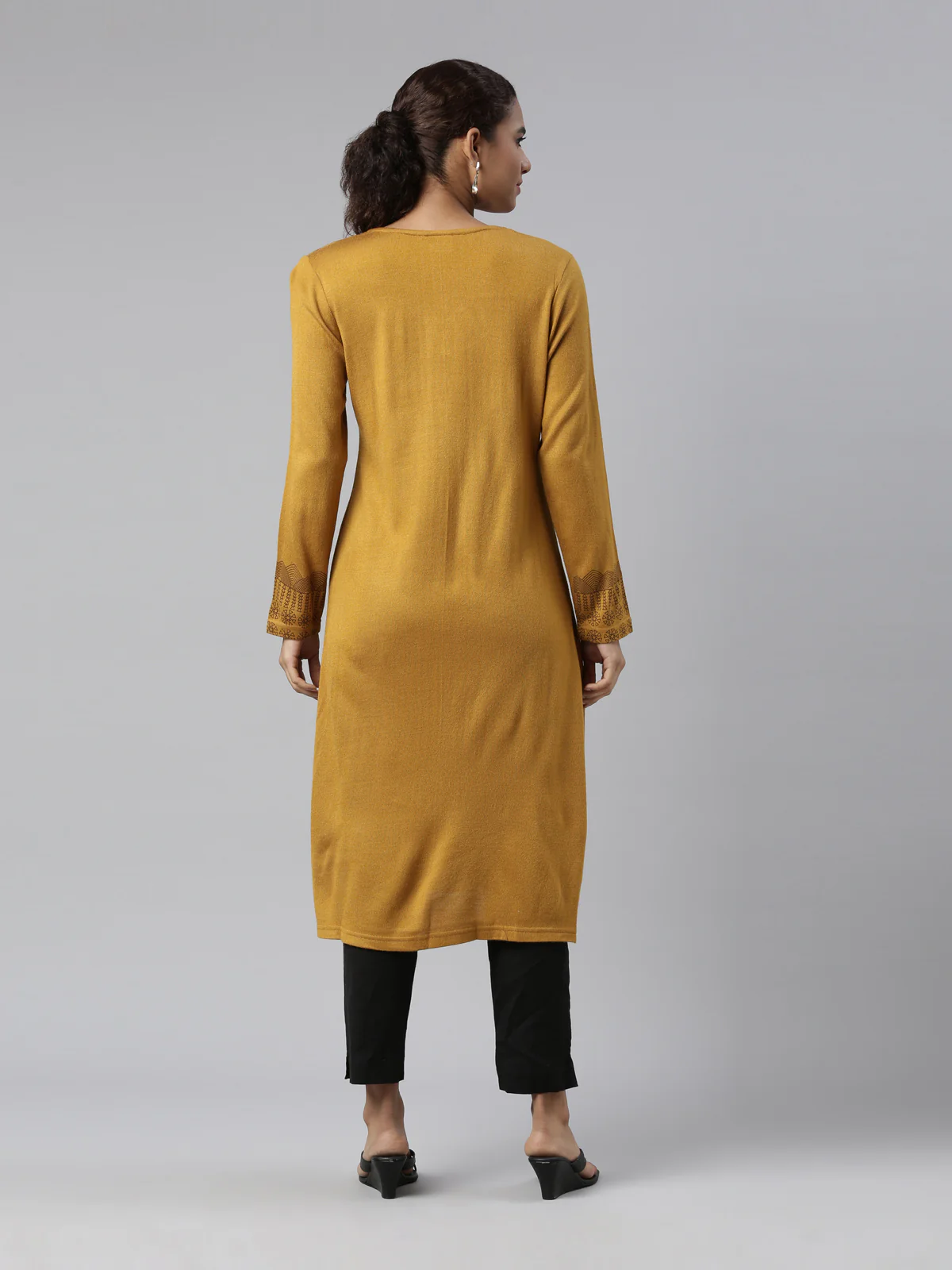 Neerus Women Mustard Yellow Ethnic Motifs Printed Winter Wear Kurta - Image 4