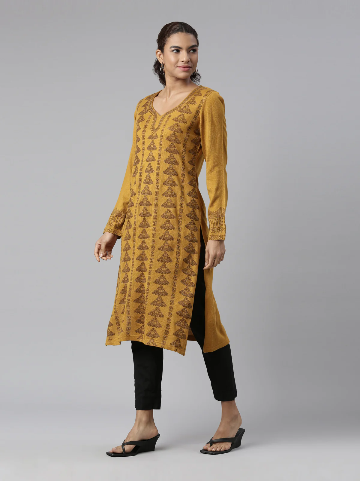 Neerus Women Mustard Yellow Ethnic Motifs Printed Winter Wear Kurta - Image 5