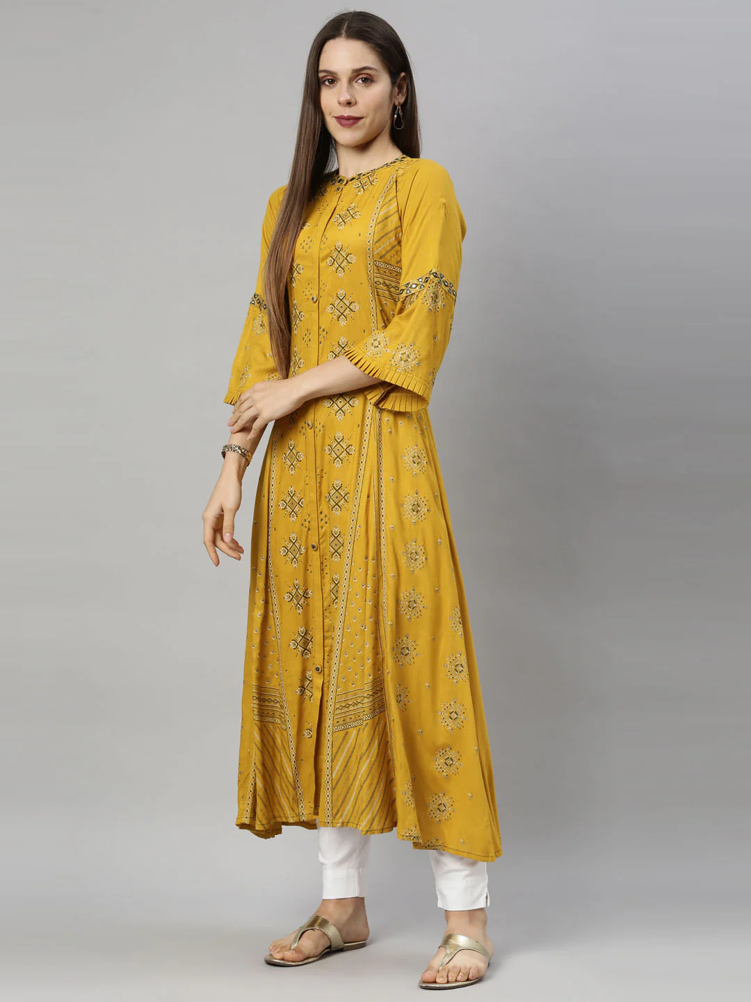 Neerus Women Mustard Yellow Geometric Printed Flared Sleeves Floral Kurta - Image 2