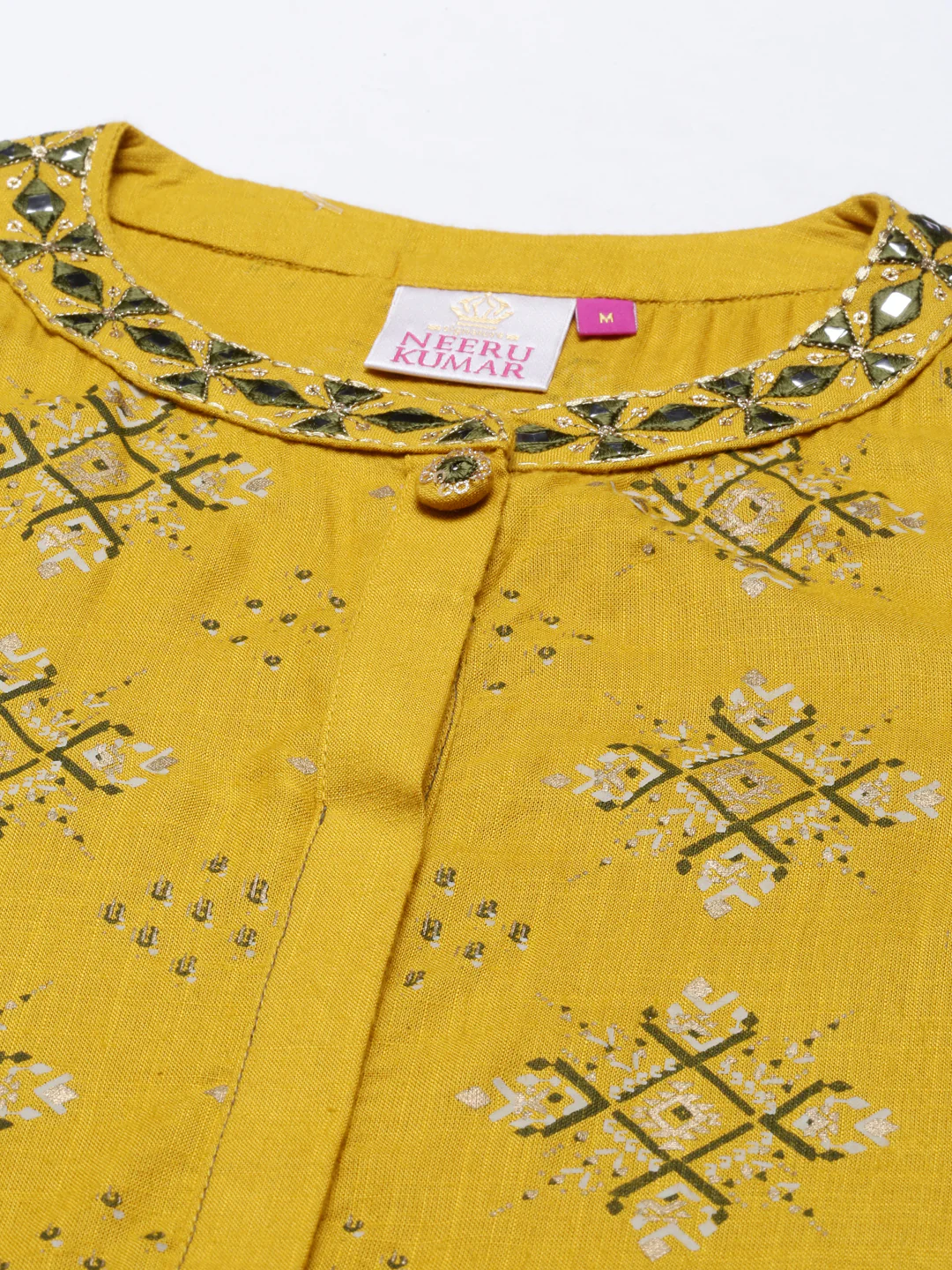Neerus Women Mustard Yellow Geometric Printed Flared Sleeves Floral Kurta - Image 5
