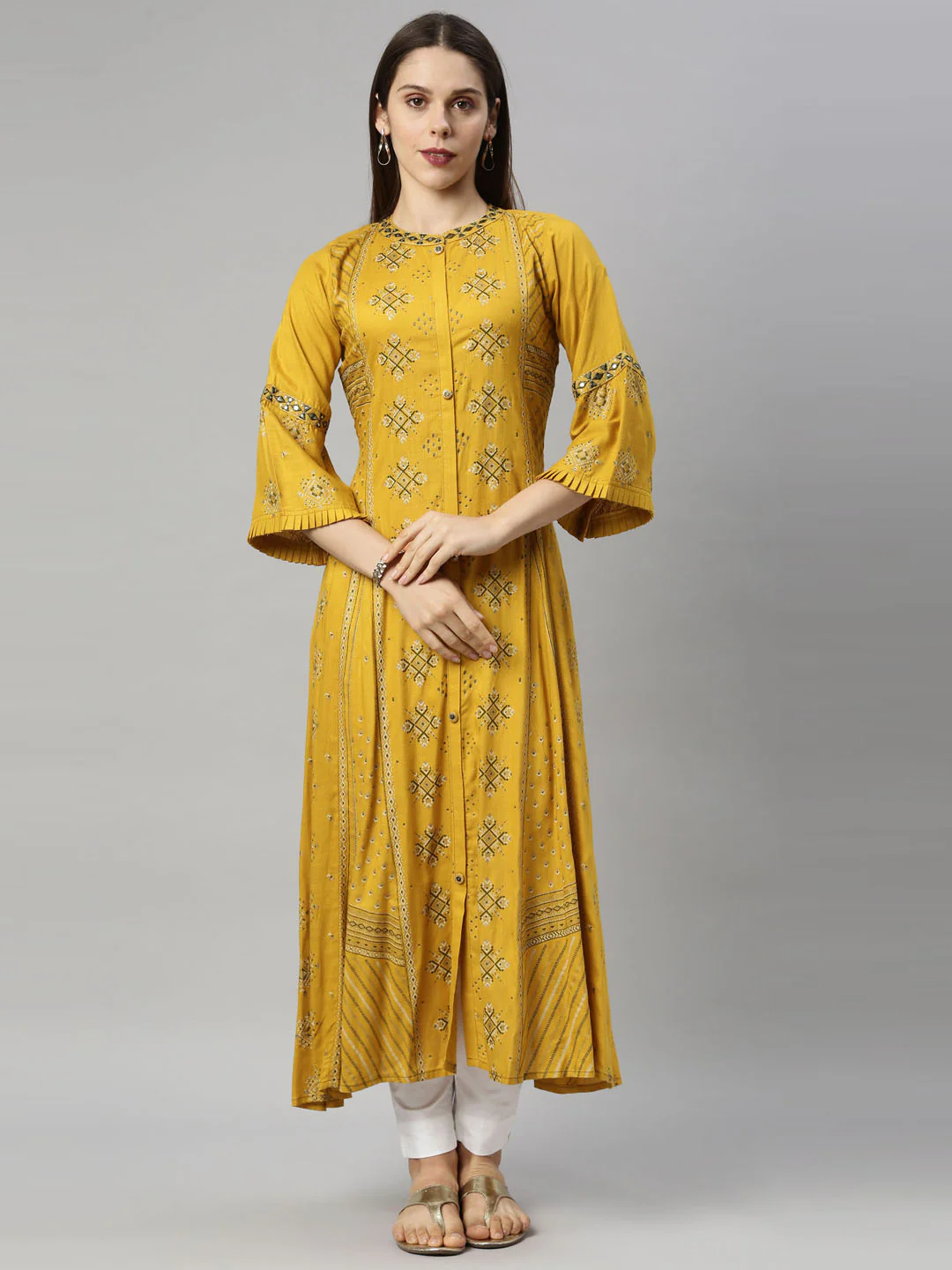 Neerus Women Mustard Yellow Geometric Printed Flared Sleeves Floral Kurta - Image 6