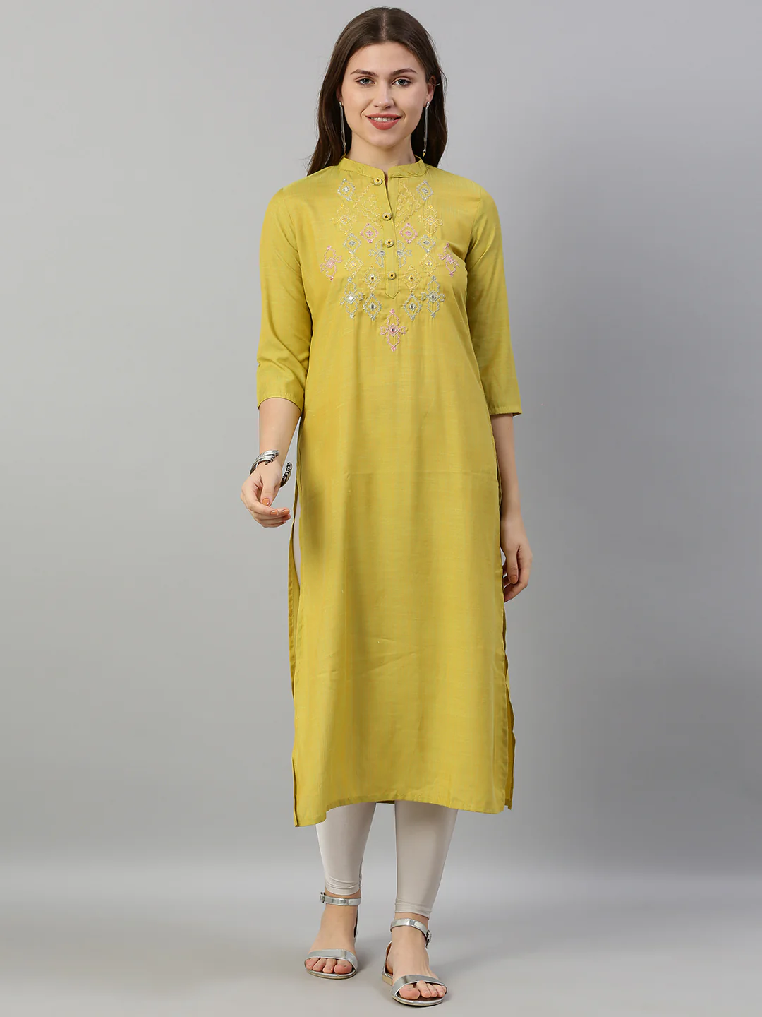 Neerus Women Mustard Yellow Green Embroidered Straight Kurta With Mirror Work