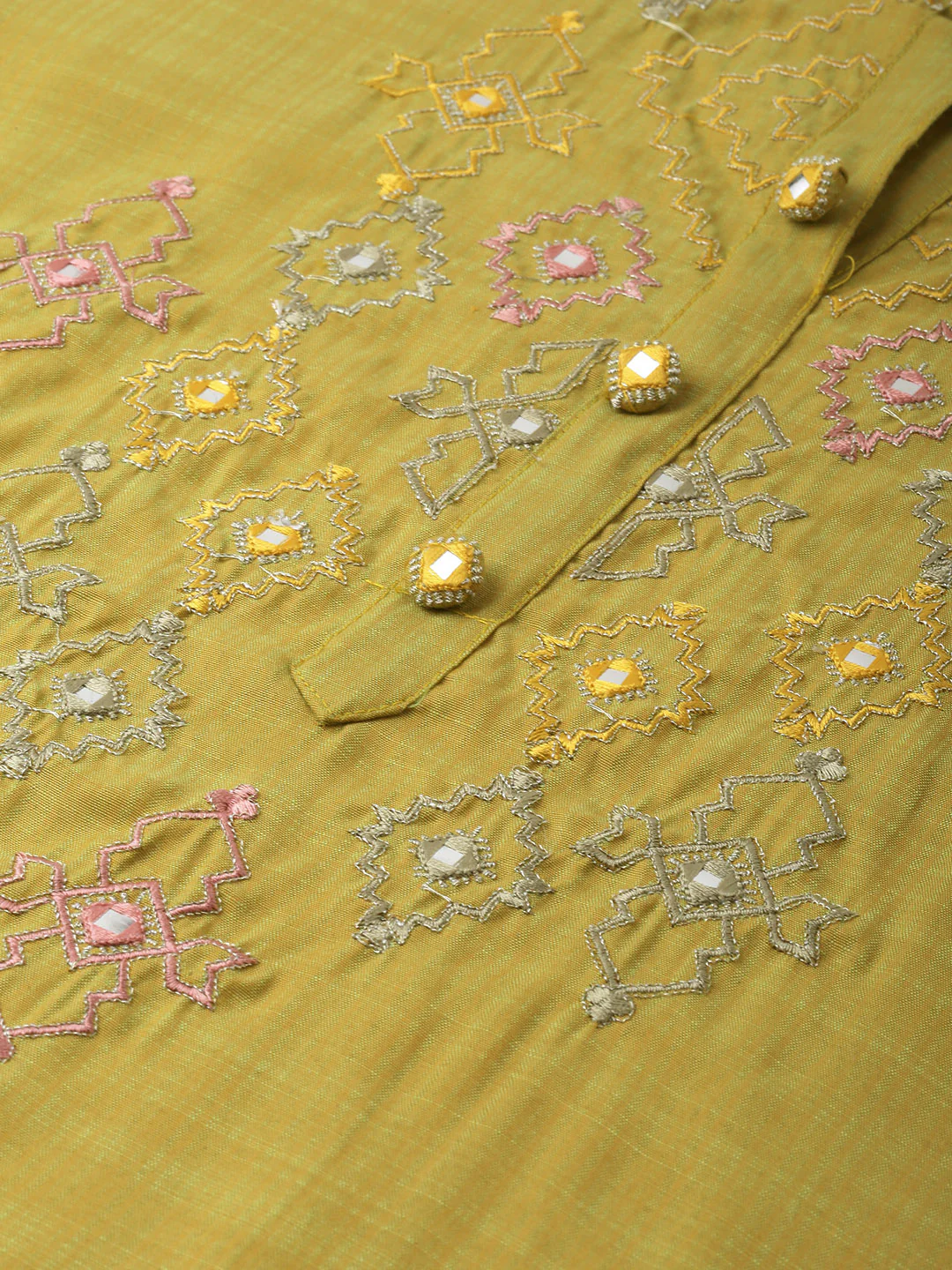 Neerus Women Mustard Yellow Green Embroidered Straight Kurta With Mirror Work - Image 2