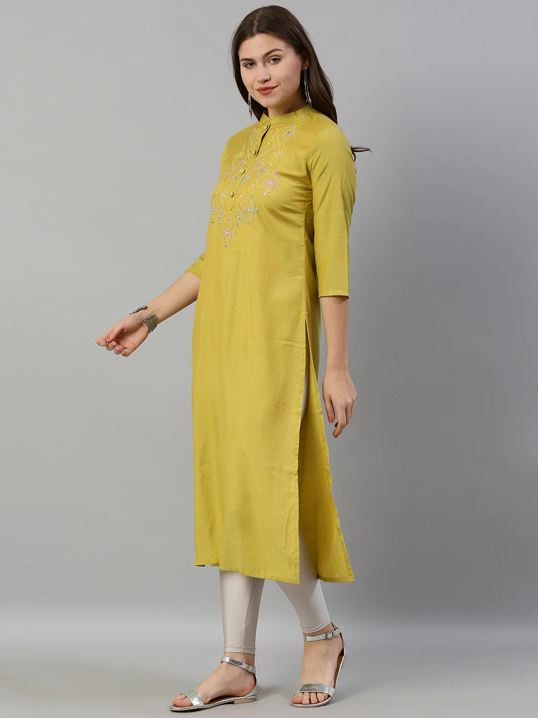 Neerus Women Mustard Yellow Green Embroidered Straight Kurta With Mirror Work - Image 3